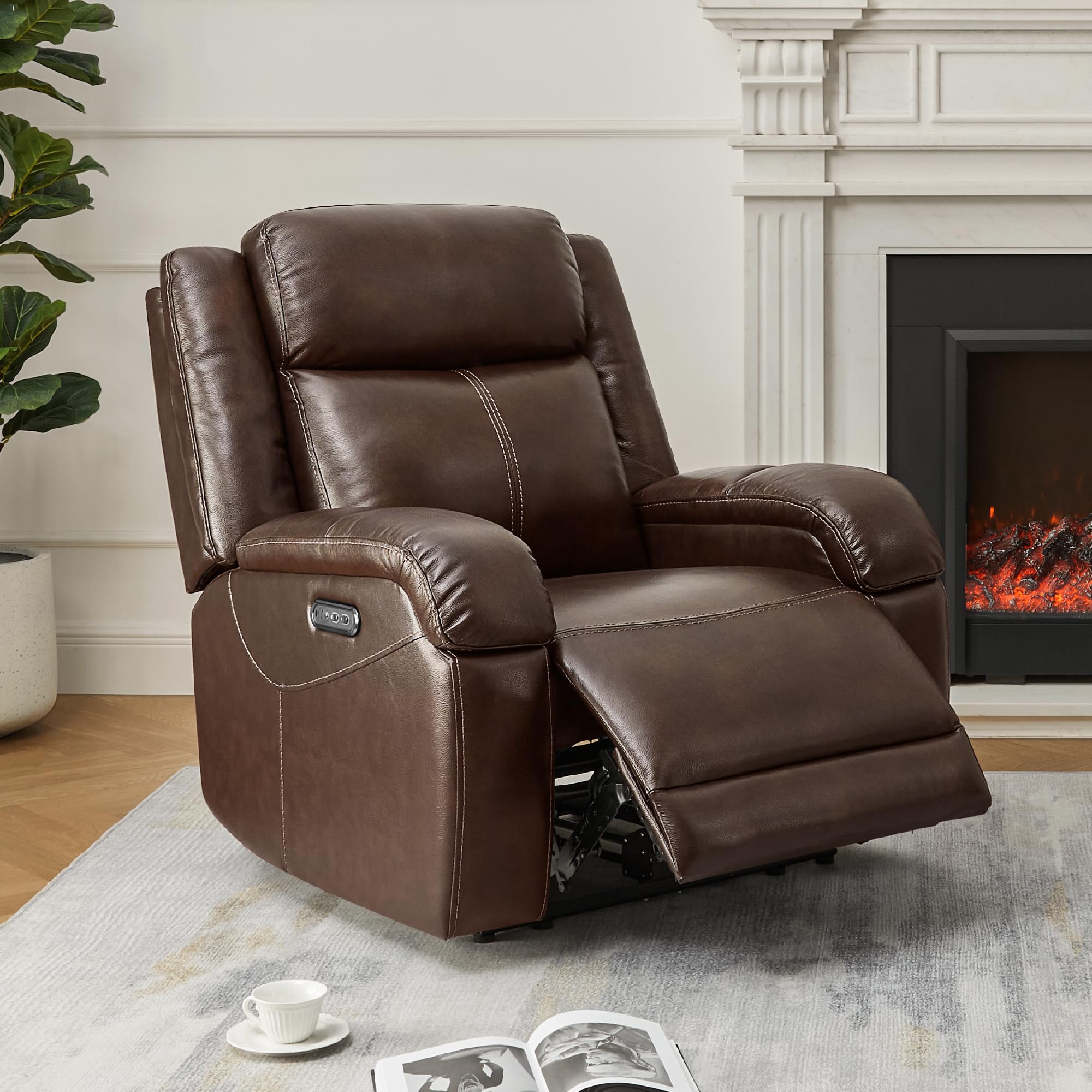 Watson & Whitely Genuine Leather Power Recliner Chairs for Adults, Wall Hugger RV Recliner with Power Headrest & Charging Ports, Electric Recliner Sofa Chair for Living Room, Black