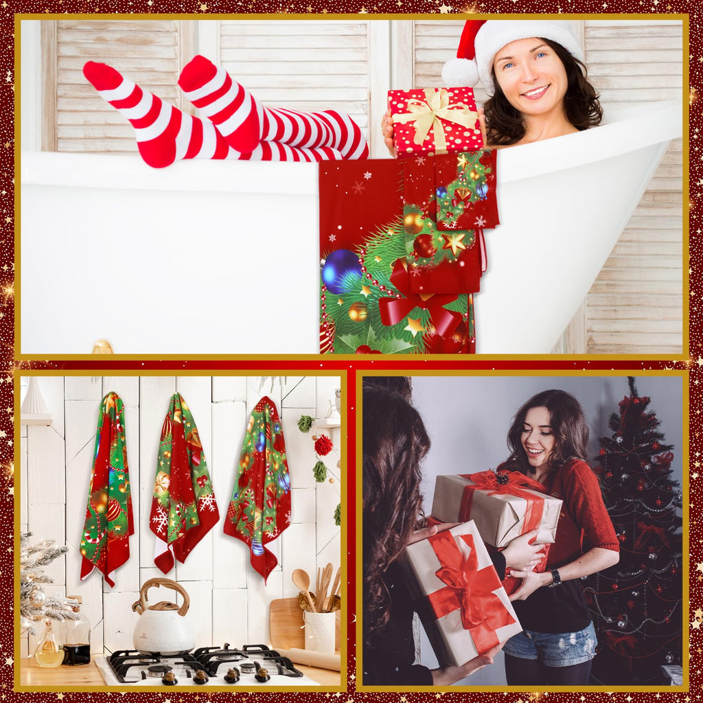 Preboun 3 Pack Christmas Gnome Bathroom Towels Set - Christmas Tree Hand Towels, Winter Snowflake Bath Towels, Soft Absorbent Dish Towels for Bathroom, Kitchen, Home, Hotel, Beach, Gym, Spa