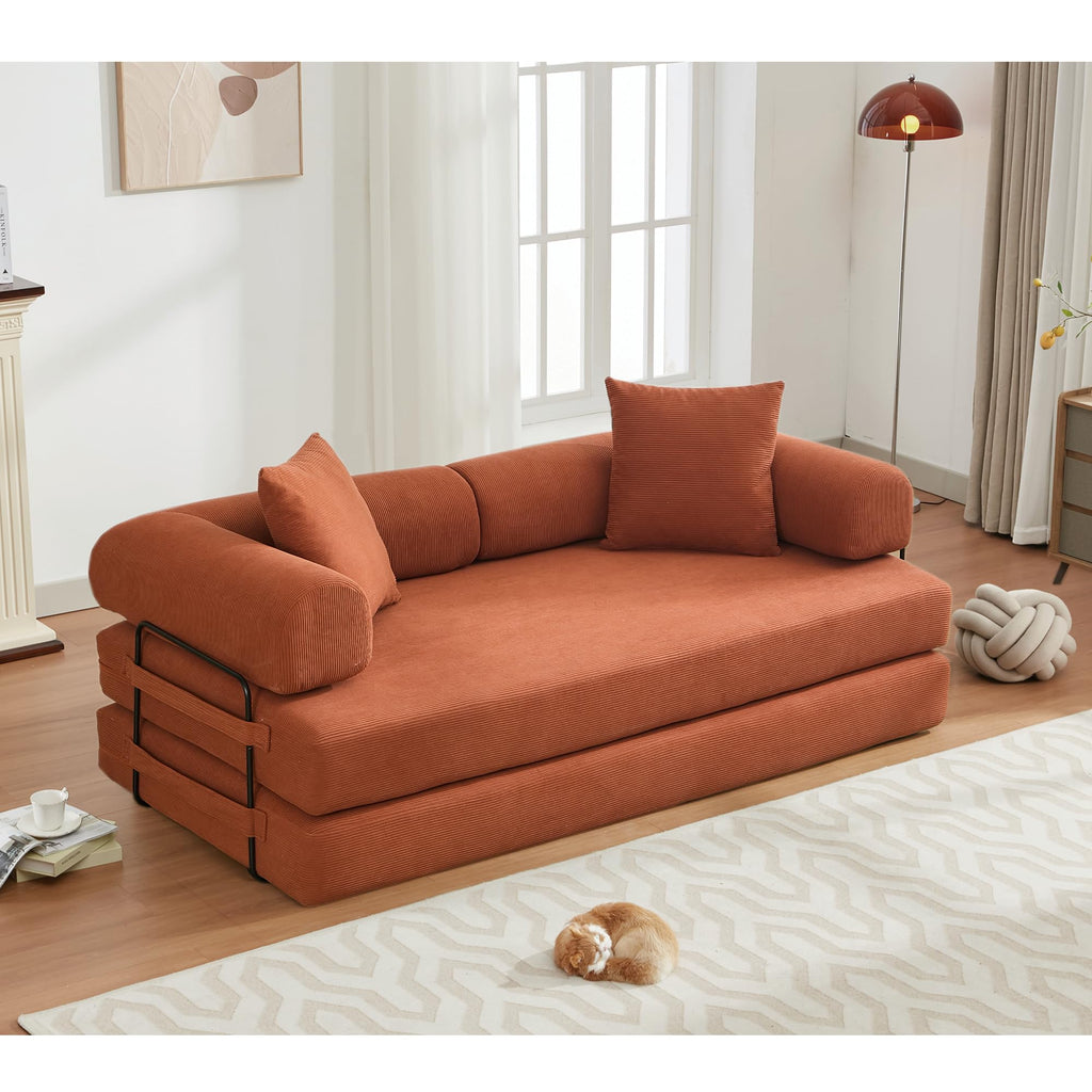 ZEIINPA 59“ Convertible Floor Sofa Bed, 5-in-1 Futon Sofa Bed Pull Out Sleeper Couch, Modern Corduroy Compressed Loveseat, Modular Boneless Couches for Living Room, No Assembly Required, Beige