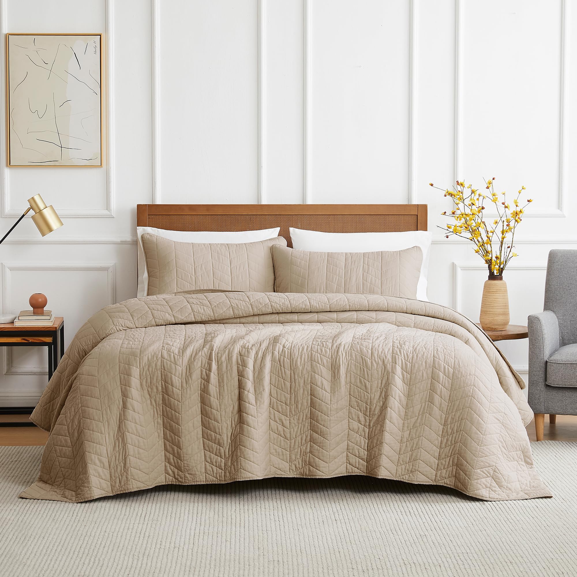 palassio Beige Cotton Quilt Twin Size Bedding Sets with Pillow Sham, White Lightweight Soft Bedspread Coverlet, Tan Cream Quilted Comforter Bed Cover for All Season, 2 Pieces, 68x86 inches