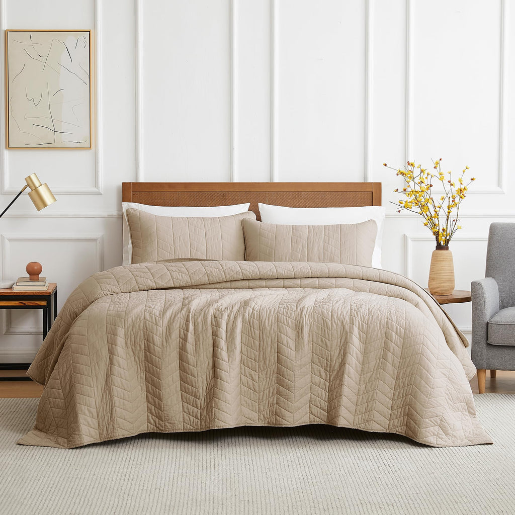 palassio Beige Cotton Quilt Twin Size Bedding Sets with Pillow Sham, White Lightweight Soft Bedspread Coverlet, Tan Cream Quilted Comforter Bed Cover for All Season, 2 Pieces, 68x86 inches