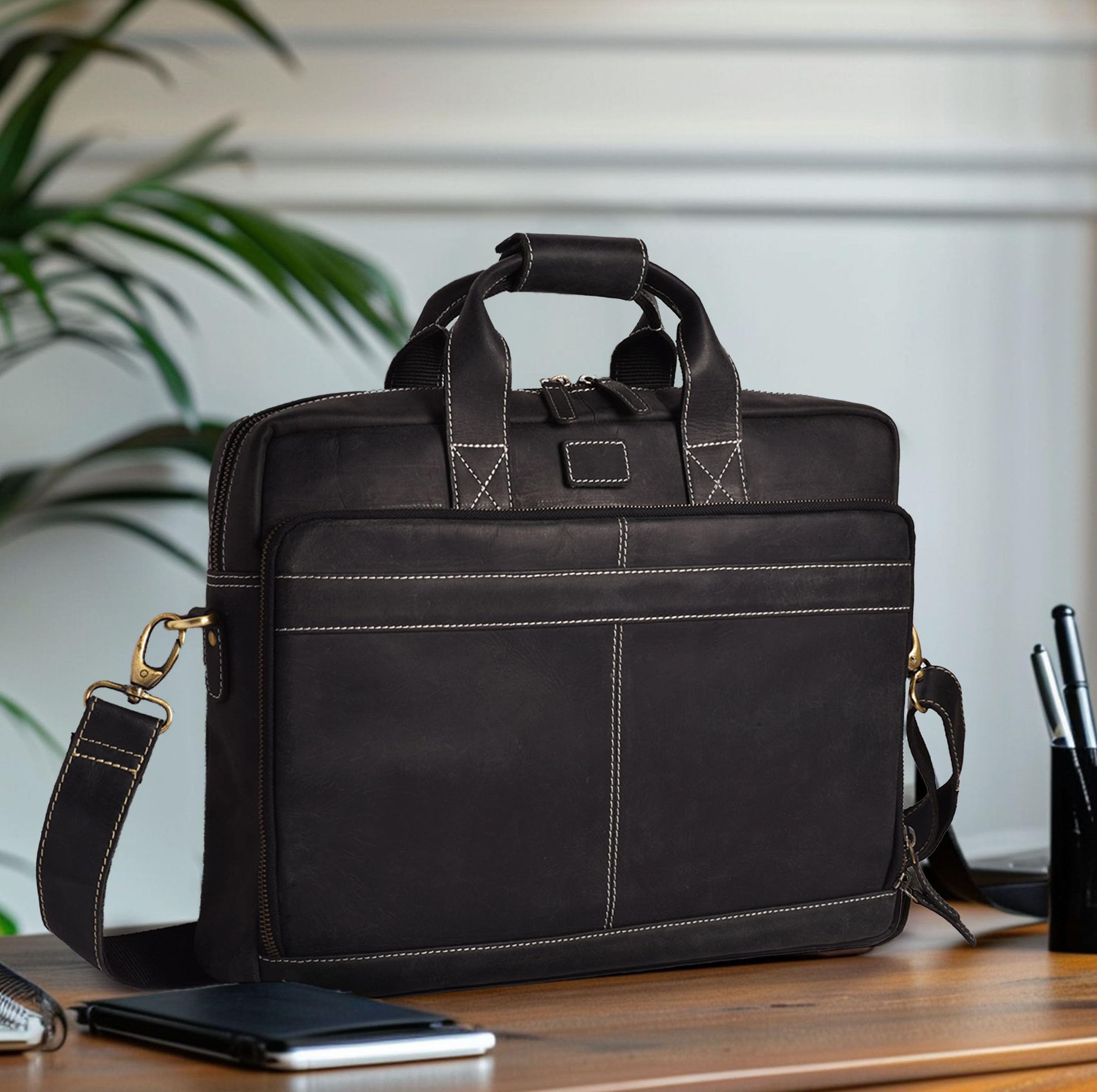 LEATHER VILLAGE 16" Leather Laptop Messenger Briefcase Bag for Men-Leather Satchel for Travel and Office Shoulder Bag-Black