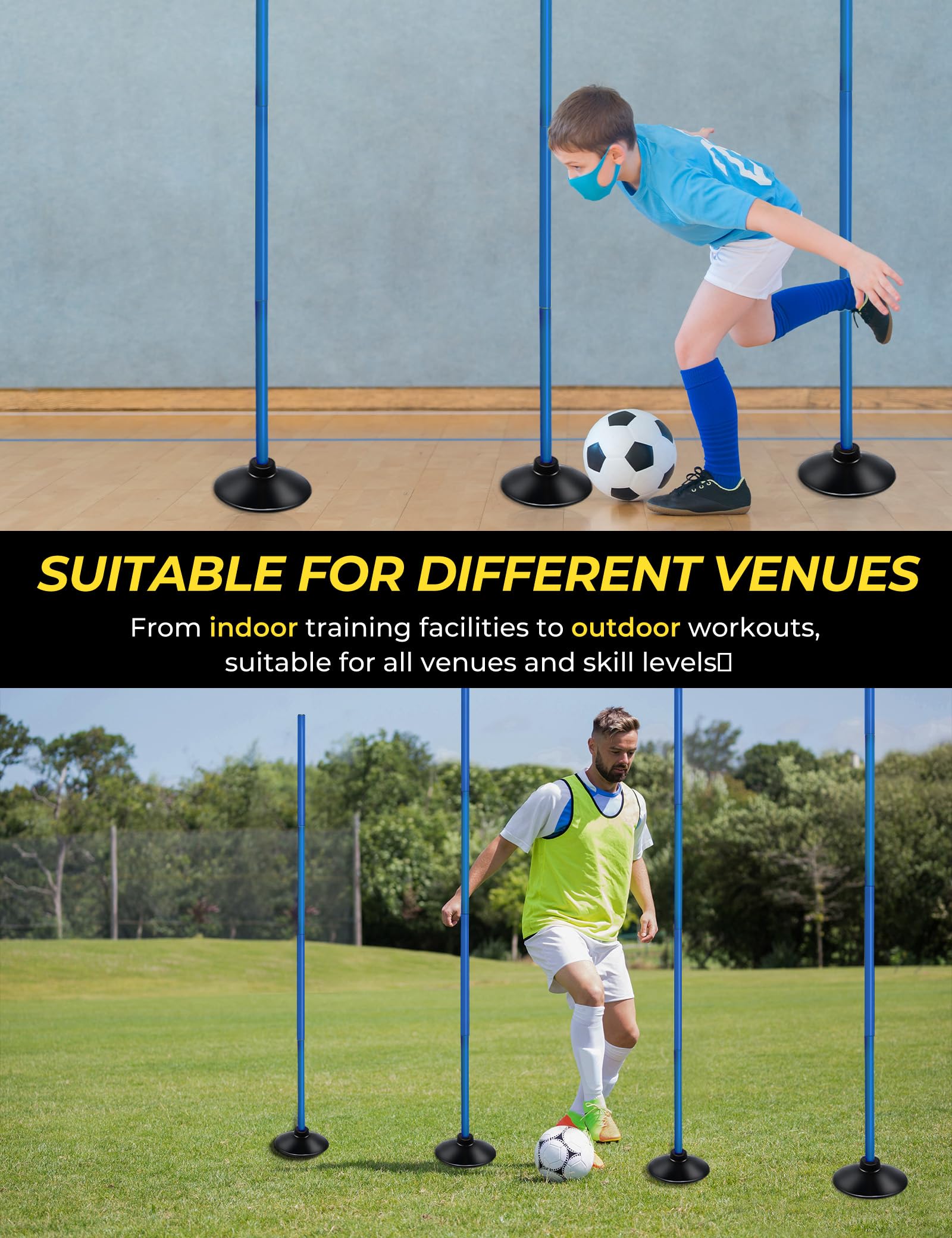 SEAOTTER Soccer Agility Poles Set, 4/6/10 Pcs 6ft Detachable Sports Trainning Speed Poles Slalom Poles with Rubber Base, Agility Training Equipment for Football, Rugby, Basketball, Indoor & Outdoor
