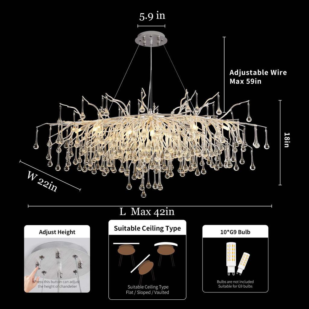 Modern Crystal Raindrop Chandelier, L40'' Black Linear Rectangle Art Deco Tree Branch Lighting Fixture for Kitchen Island Living Room Foyer Staircase 10 Lights