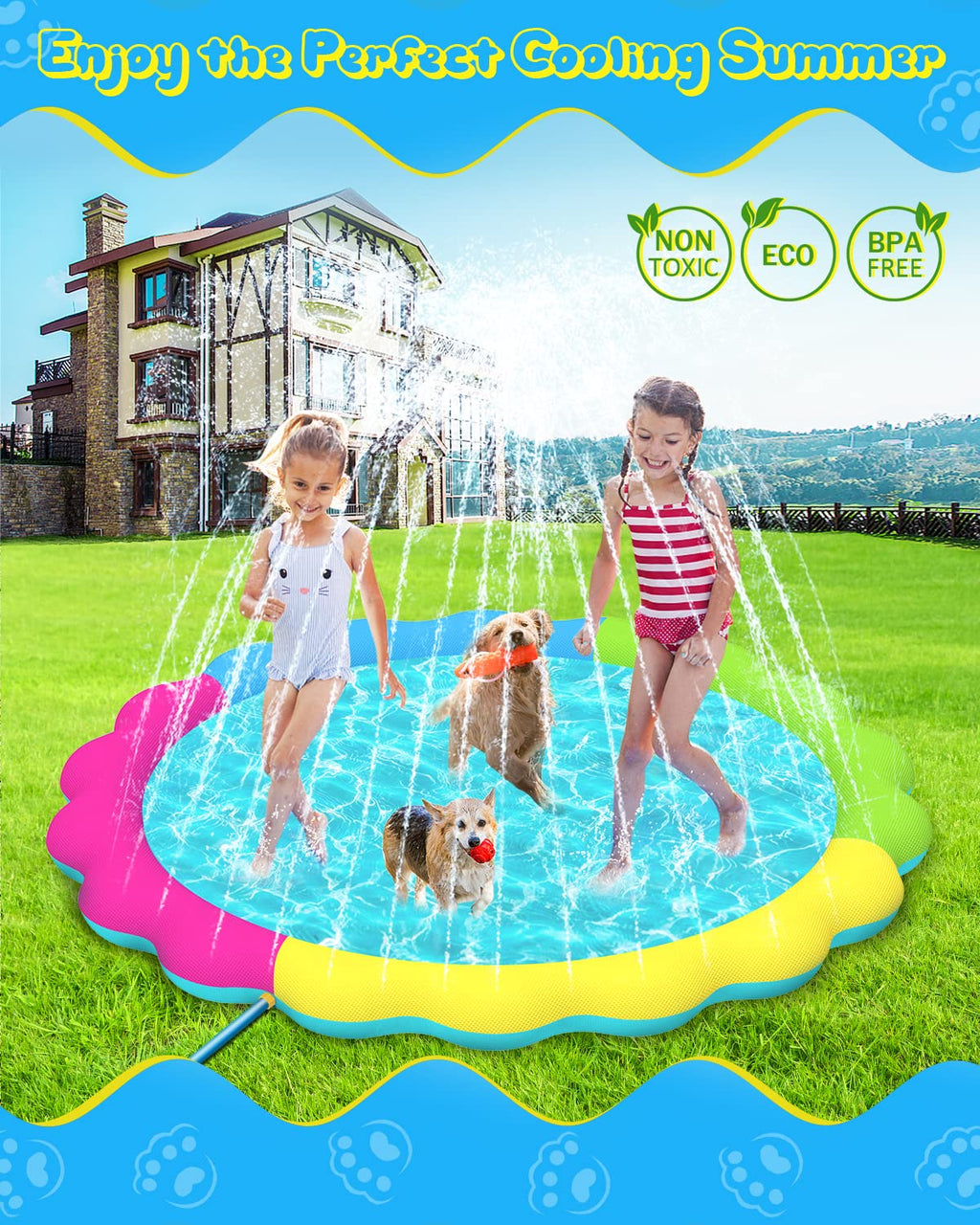 Raxurt Splash Pad, Non-Slip Thicken Splash Pad for Kids Ages 4-8 Toddler Baby Splash Sprinkler Pad Dog Pool Summer Outdoor Water Toys for Boys Girls, 59'' Blue