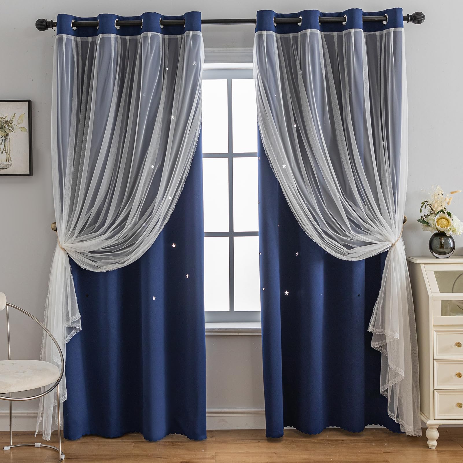 Anytime Star Cut-Out Blackout Curtains for Bedroom 2 Panels,2-Layers Mix Design of Fabric & Tulle,Pretty Pure Color Window Curtain for Kids Room(W35 x L45,LPink)
