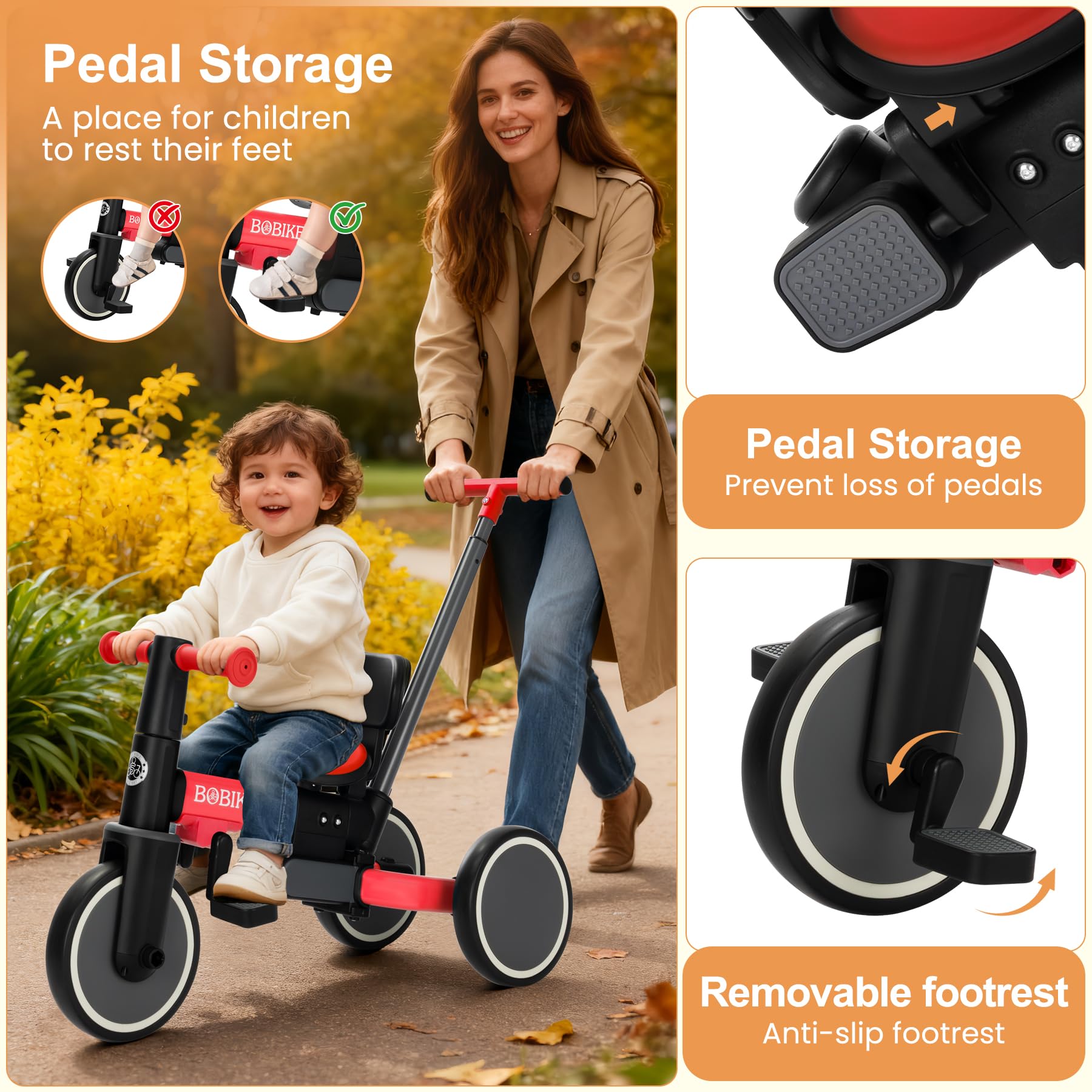 Toddler Bike with Push Handle,Tricycles for 1 to 3 Years Old, Toddler Tricycle with Push Handle for Boy Girl, Baby Balance Bike with Adjustable Seat Height and Removable Pedal (Black)