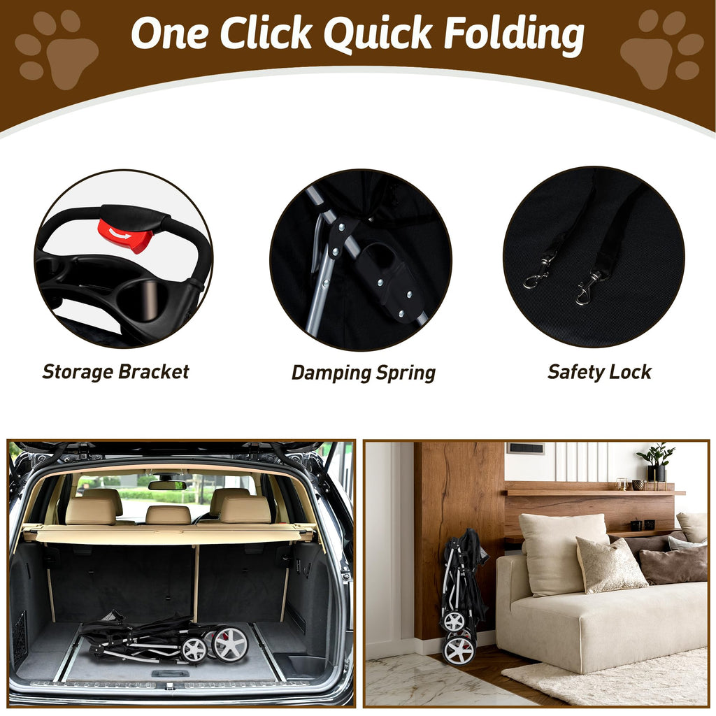 Pet Stroller, 4 Wheels Pet Strolling Cart for Medium/Small Dogs and Cats, Foldable Cat Jogger/Dog Stroller with Cup Holder, Storage Basket, Breathable Mesh, All-Season Pet Carrier, Black