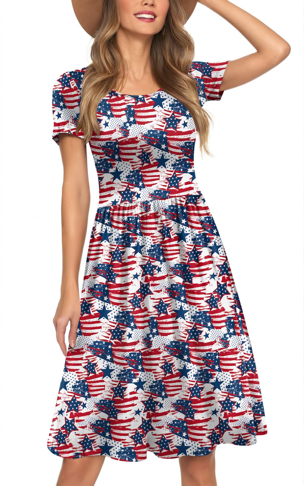 Womens Short Sleeve Empire Waist Dresses Casual Summer Dress with Pockets