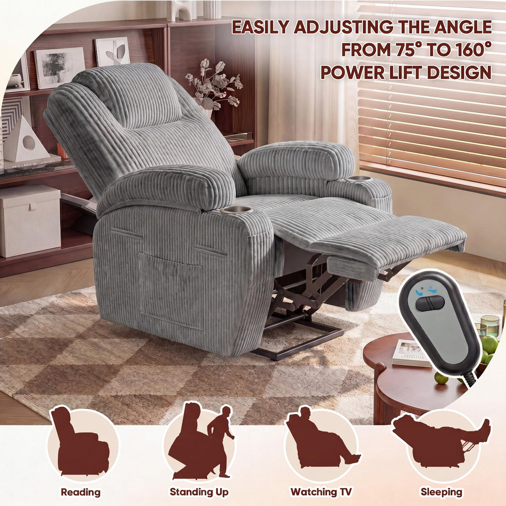 Furmax Electric Power Lift Recliner Chair with Massage for Elderly Corduroy Fabric Recliner Single Sofa with Cup Holders, Side Pockets and Remote Control for Living Room Bedroom (Leathaire, Brown)