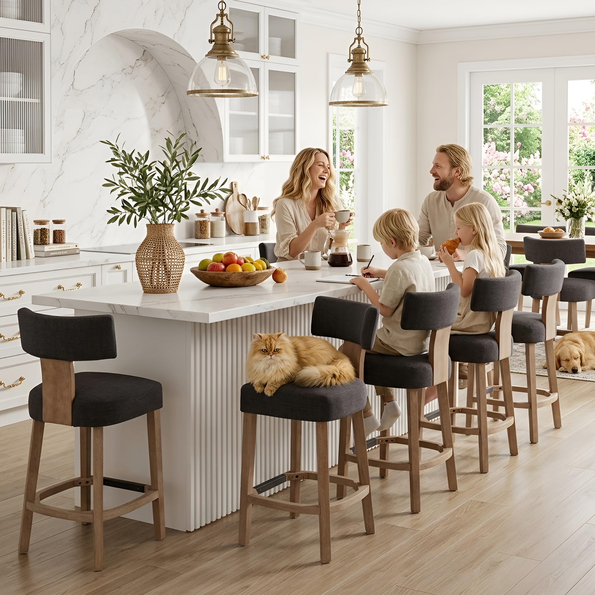 Farmhouse 30'' Extra Tall Bar Stools Set of 2 Modern Counter Height Barstools with Backs Rustic Wood Bar Stools Linen Upholstered Counter Chairs Kitchen Island Stool Chairs with Wood Frame, Beige