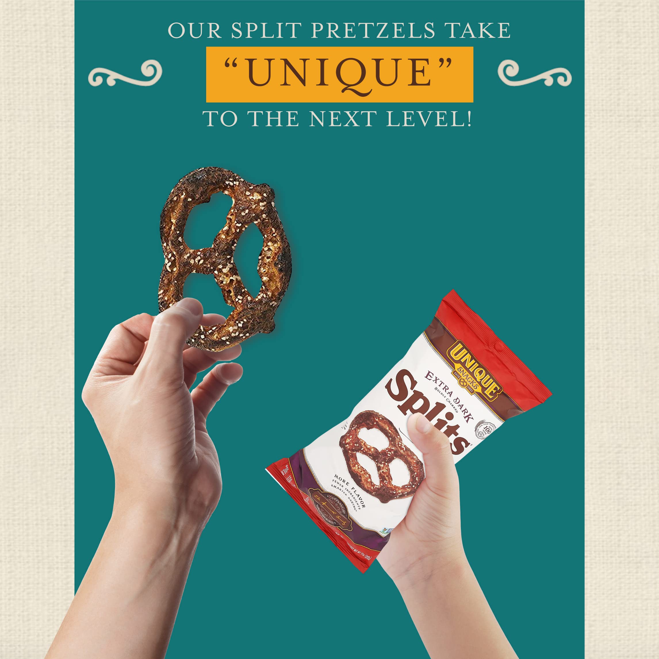 Unique Snacks Extra Dark Splits Pretzels, Original Split-Open Pretzels, Delicious Homestyle-Baked Snack Bag, Vegan, OU Kosher, and Non-GMO Food, No Artificial Flavor, 2 Oz. Bag, Pack of 12