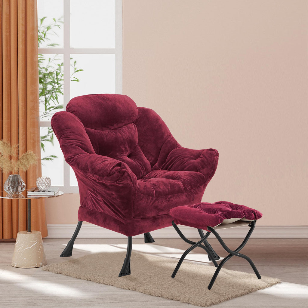 Youtanic Lazy Chair with Folding Ottoman, Accent Chair Velvet Upholstered with Metal Structure and Non-Slip Pads, Sofa Armchair with Footrest and Side Storage Bag for Dorm, Room, Office, Beige