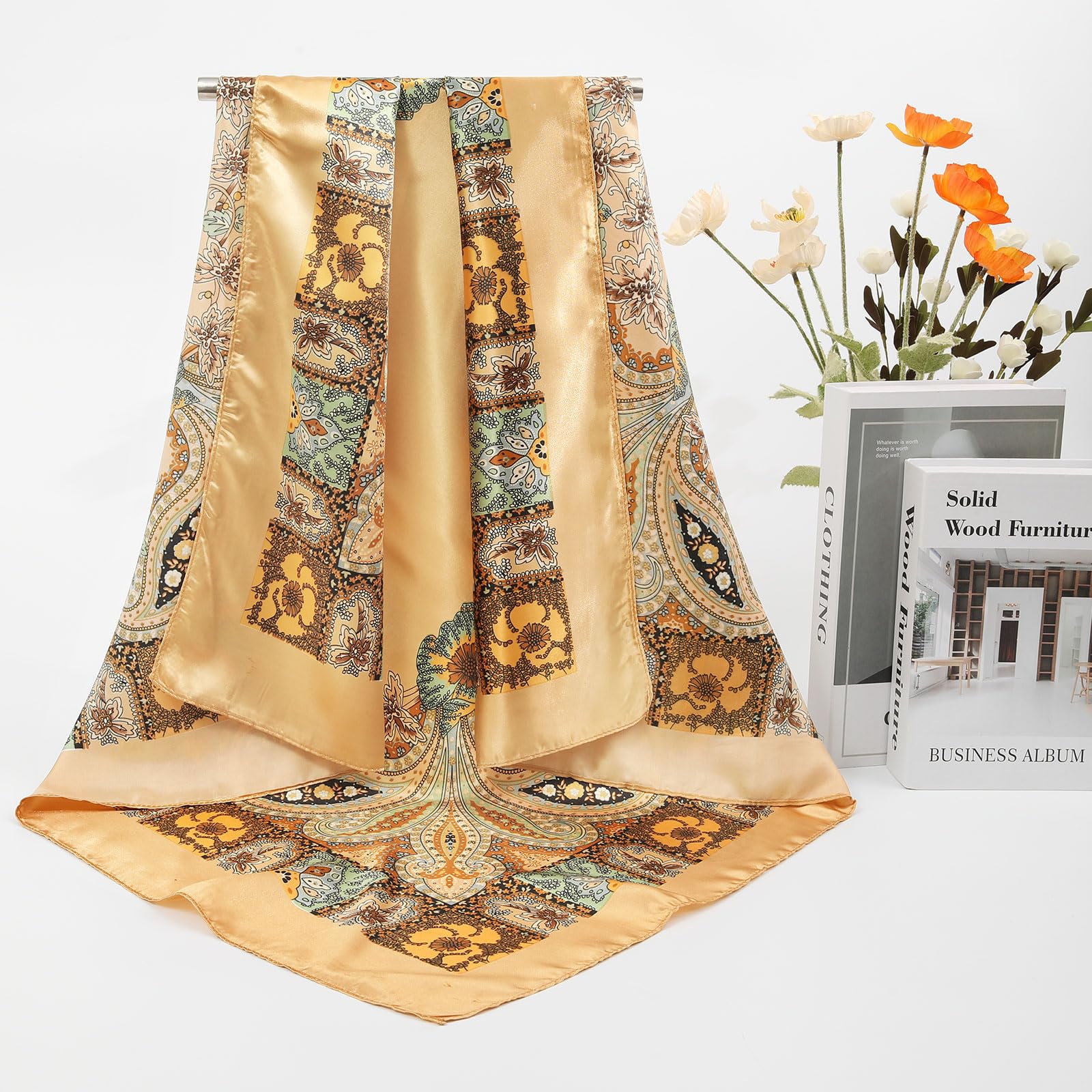 AWAYTR 35” Large Satin Square Head Scarf - 2Pcs Silk Like Floral Head Scarves Square Satin Hair Scarf Bandanas for Women