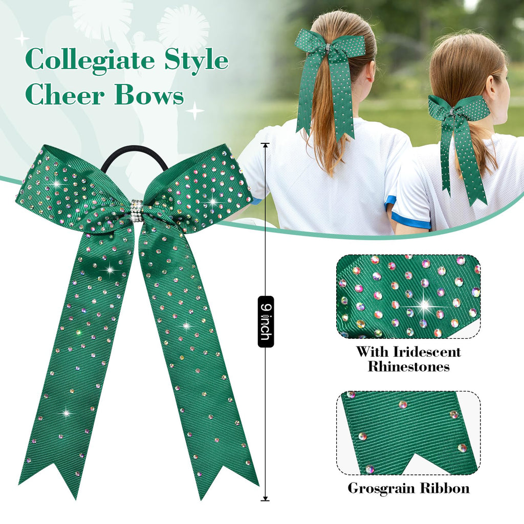 DEEKA 12 Count Collegiate Style Cheer Bows, Forest Green with Rhinestones, Handmade Bows for Girls Teens Cheerleader Sports