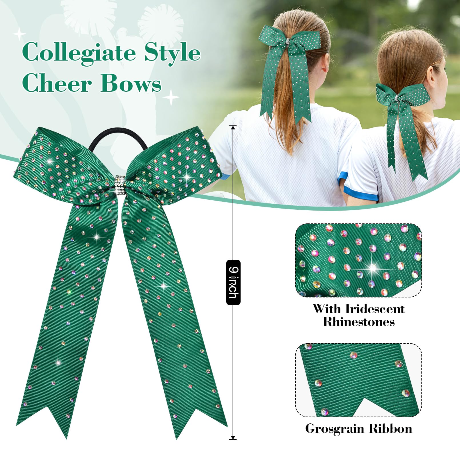 DEEKA 12 Count Collegiate Style Cheer Bows, Forest Green with Rhinestones, Handmade Bows for Girls Teens Cheerleader Sports