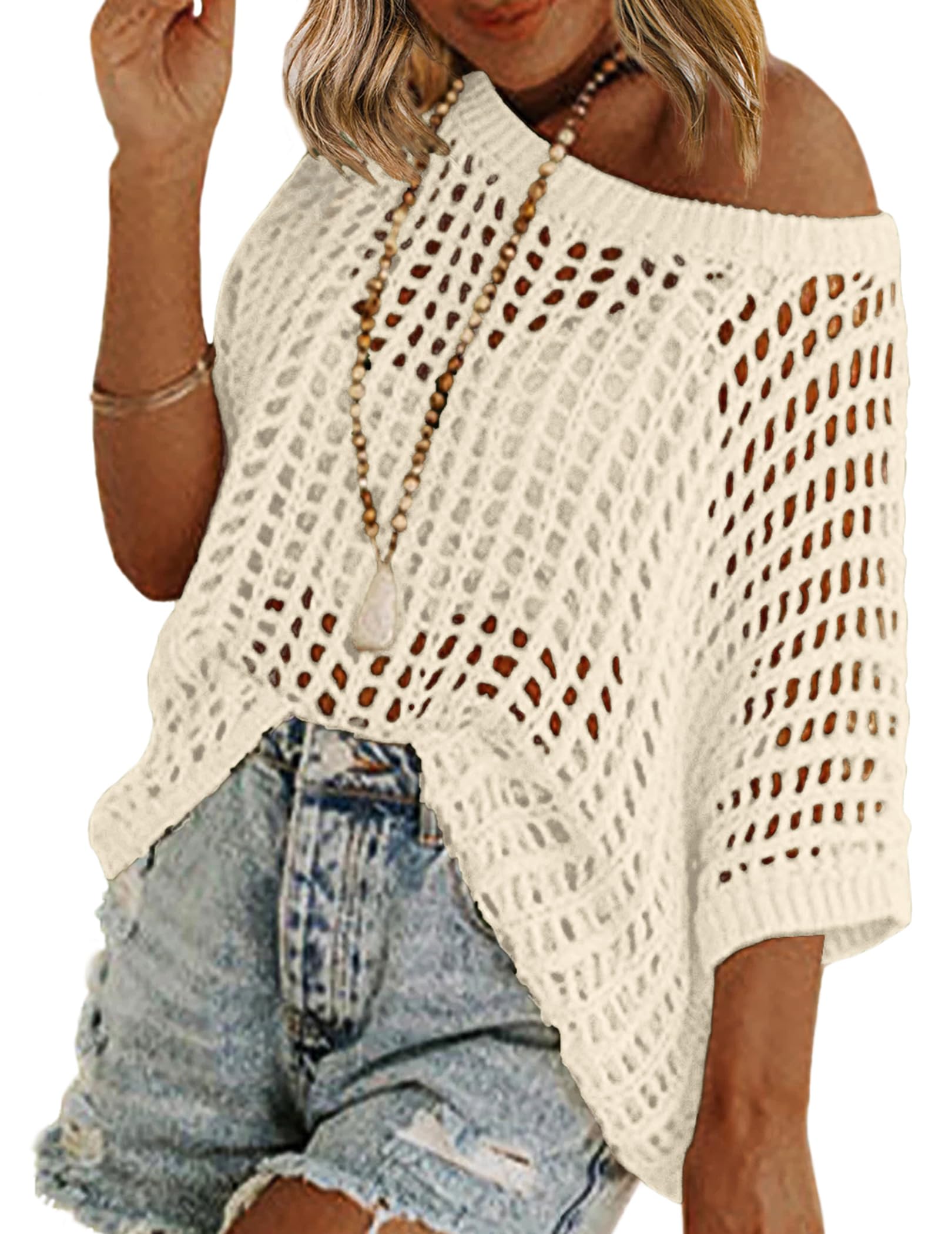 Zeagoo Short Sleeve Crochet Sweater Lightweight Summer Tops Loose Hollow Out Crewneck Pullover