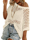 Zeagoo Short Sleeve Crochet Sweater Lightweight Summer Tops Loose Hollow Out Crewneck Pullover