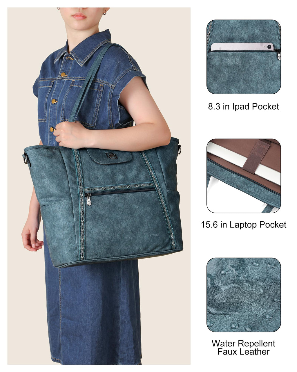 FADEON Large Laptop Tote Bag for Women Designer Leather Laptop Bag Fashion Travel Backpack Purse Shoulder Handbag