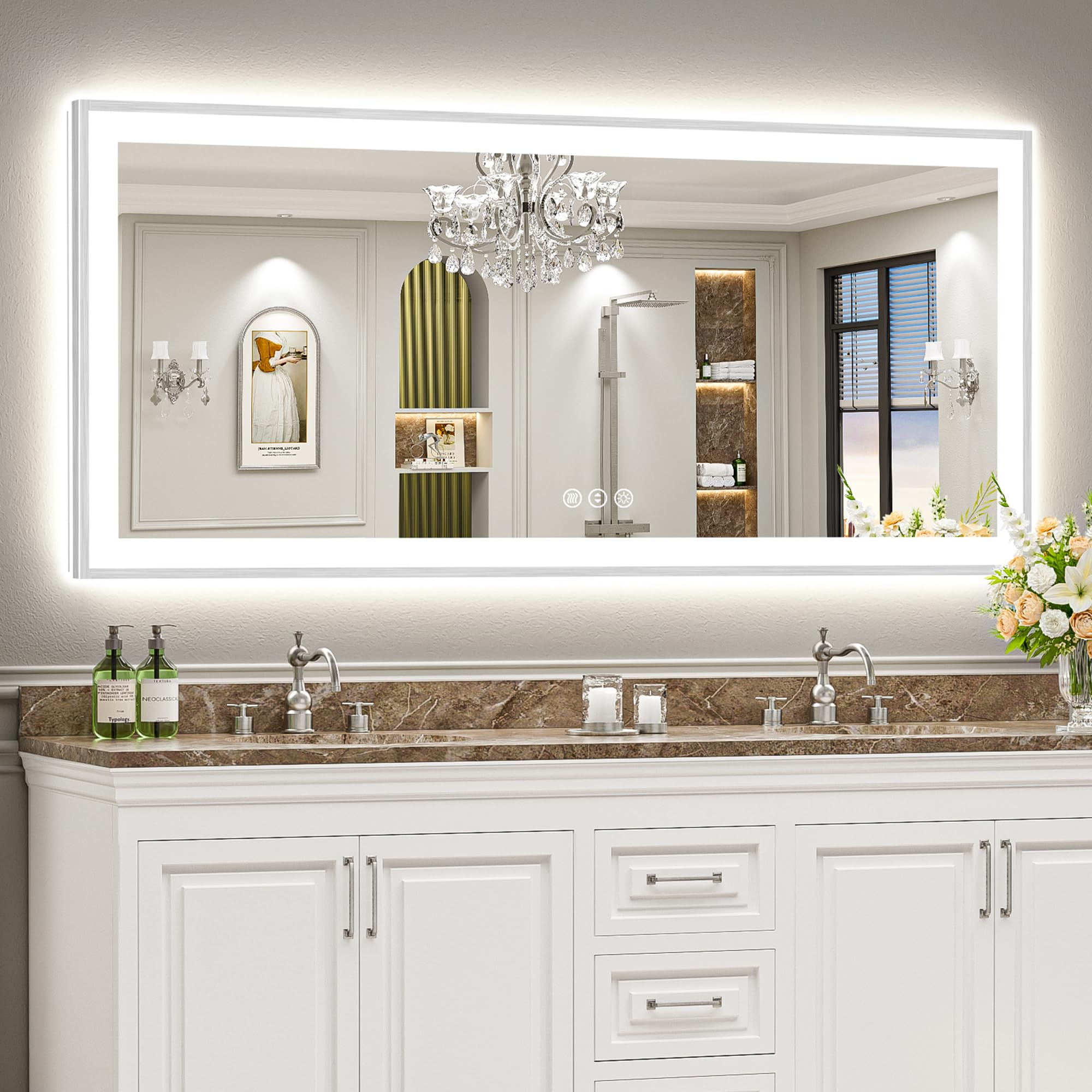 24x32 Black Framed LED Bathroom Mirror with Lights, Backlit and Front Lit Anti-Fog Lighted Vanity Mirrors for Bathroom Wall, Dimmable, 3 Colors, Memory, HD Tempered Glass, Horizontal/Vertical