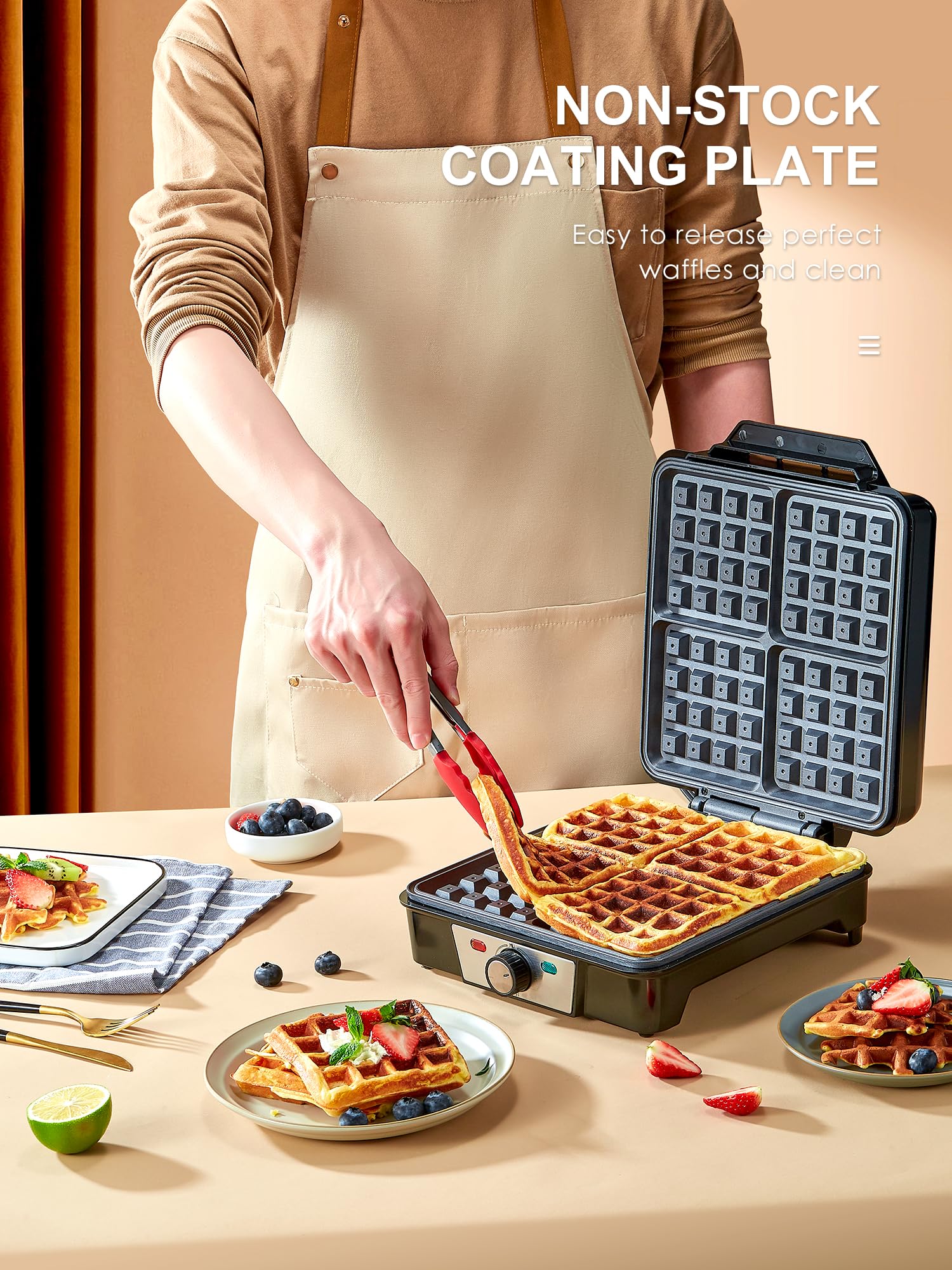 Belgian Waffle Maker 4 Slices, 1200W Waffle Iron, Anti-Overflow Waffle Iron with Browning Knob, Nonstick Plates, Indicator Lights, Silver/Black (Black, Silver)