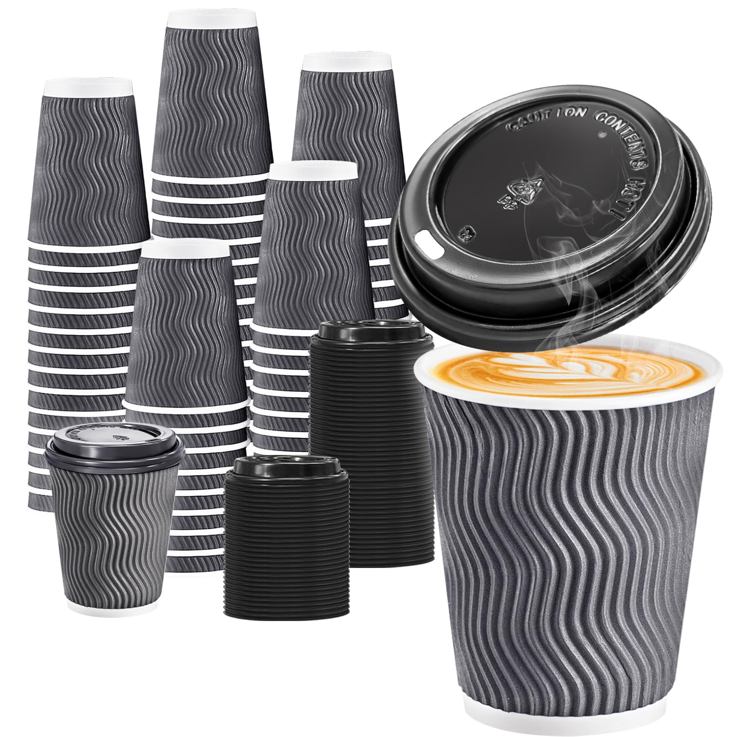 BYSNOW 100 Pack 10 oz Coffee Cups with Lids, Disposable Insulated Hot Cups To Go Paper Coffee Cups, Corrugated Ripple Wall Cup for Hot Drink, Office, Coffee Bar (Grey 10 oz)