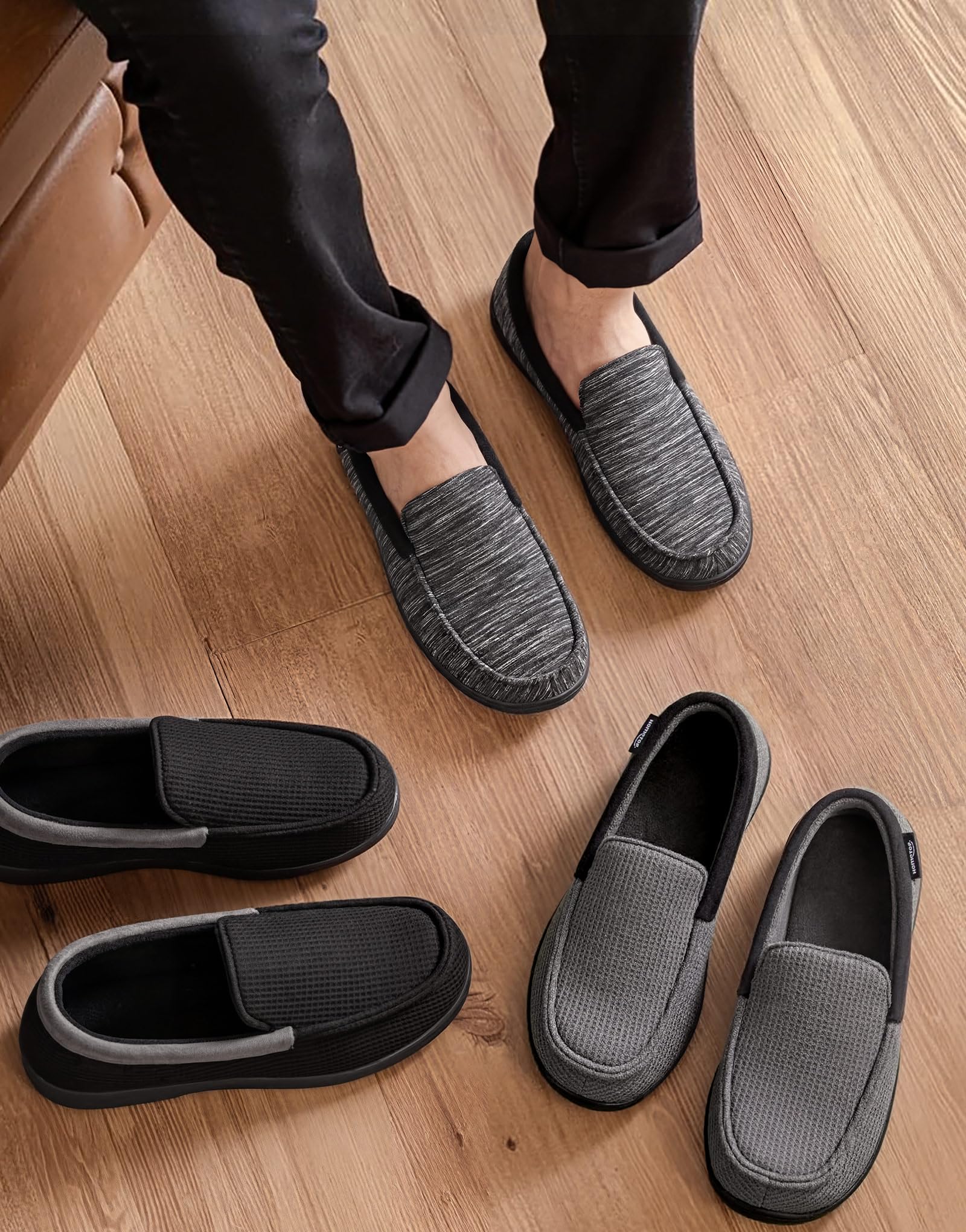 HomeTop Men's Comfort Memory Foam Moccasin Slippers, Breathable Cotton Knit Terry Cloth House Shoes for Indoor Outdoor