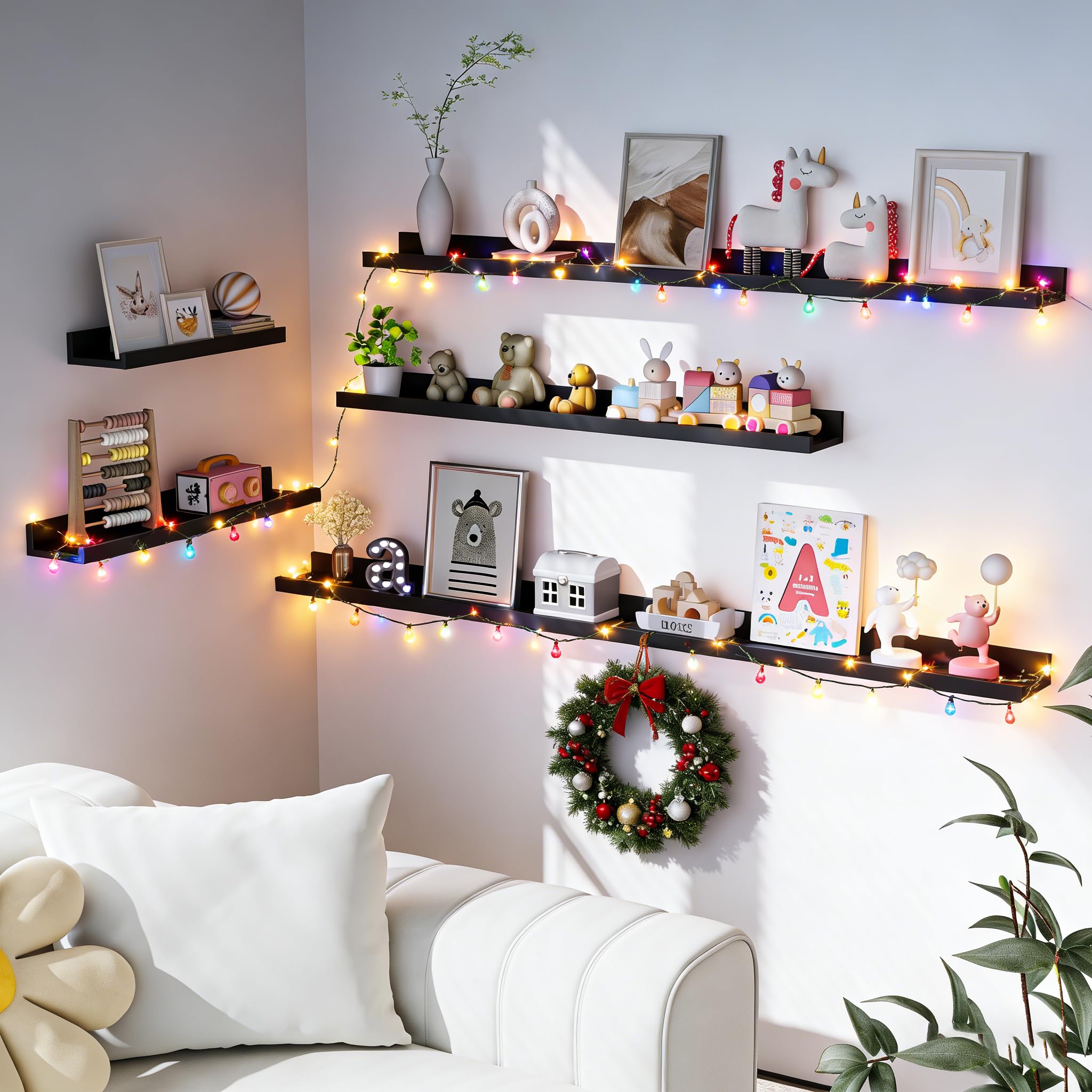 Heimlove Picture Ledge Shelf, Small Floating Shelves Set of 2, 16 Inches Picture Shelf for Wall with Ledge, Kids Bookshelf Wall Mounted for Living Room Bedroom Decor Books Photo Frames, Black