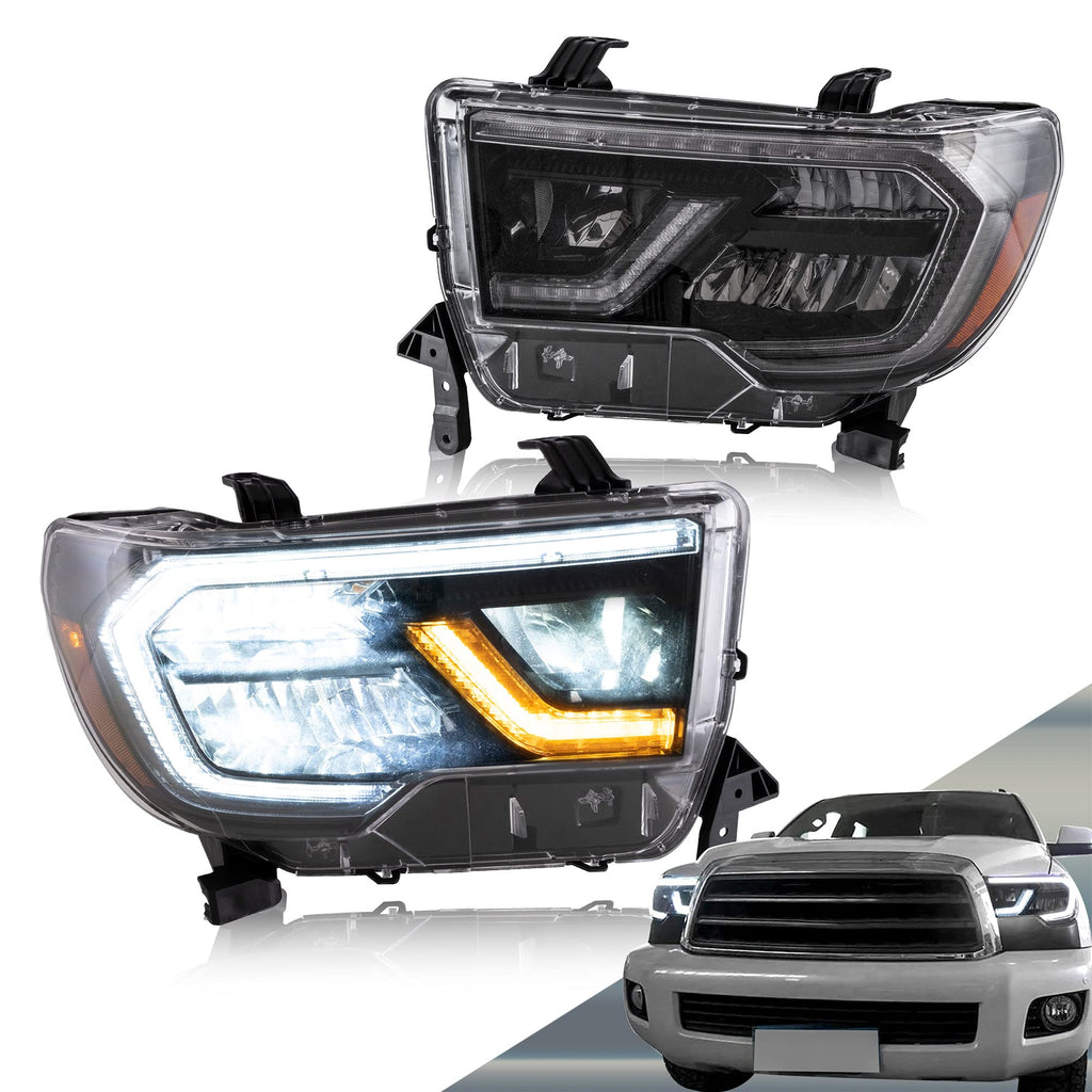 VLAND LED Headlights Compatible with Toyota Tundra 2007-2013/ Sequoia 2008-2021 w/Sequential Turn Signal, w/Diamond White DRL w/LED Reflection bowl Amber Reflector Black Trim Panel