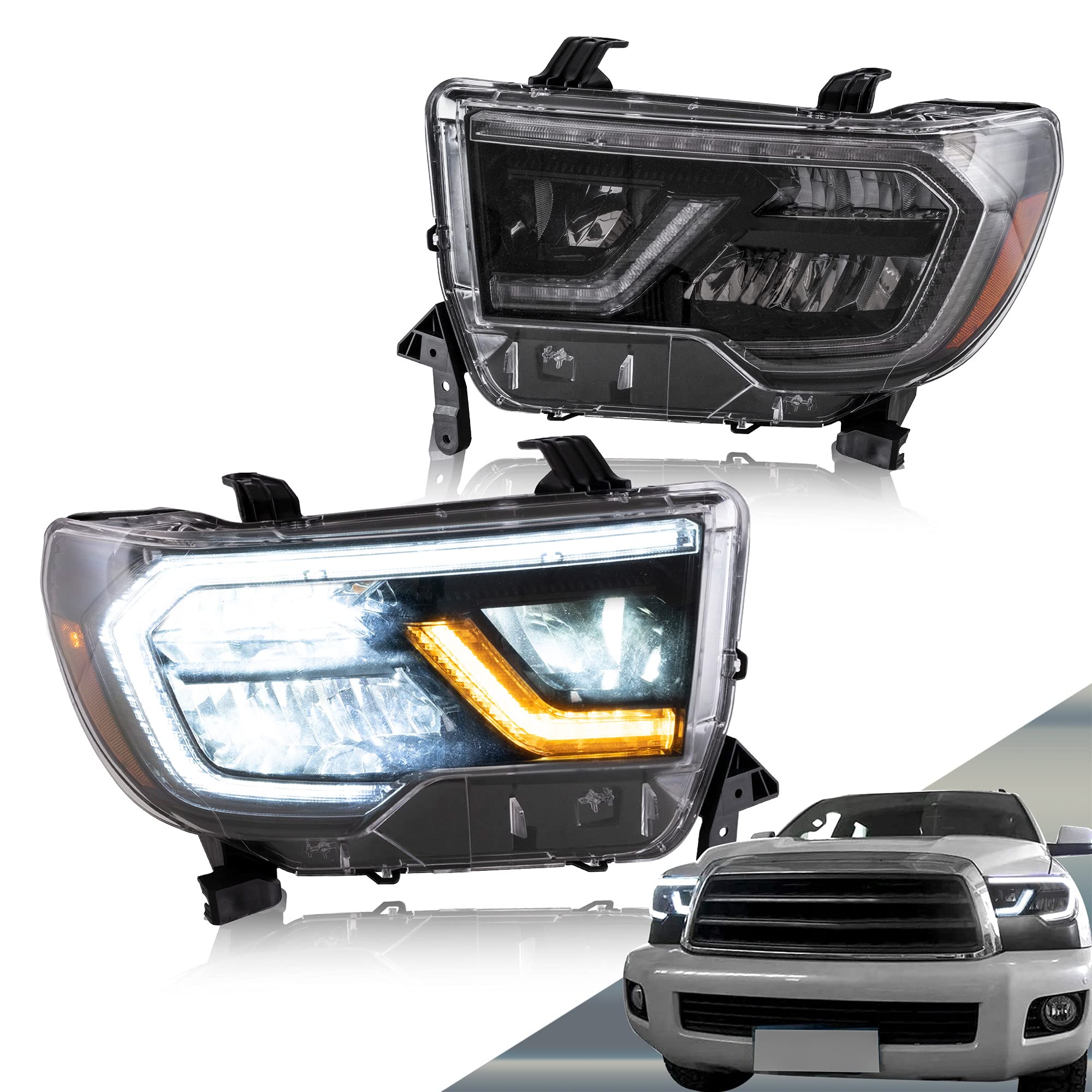 VLAND LED Headlights Compatible with Toyota Tundra 2007-2013/ Sequoia 2008-2021 w/Sequential Turn Signal, w/Diamond White DRL w/LED Reflection bowl Amber Reflector Black Trim Panel