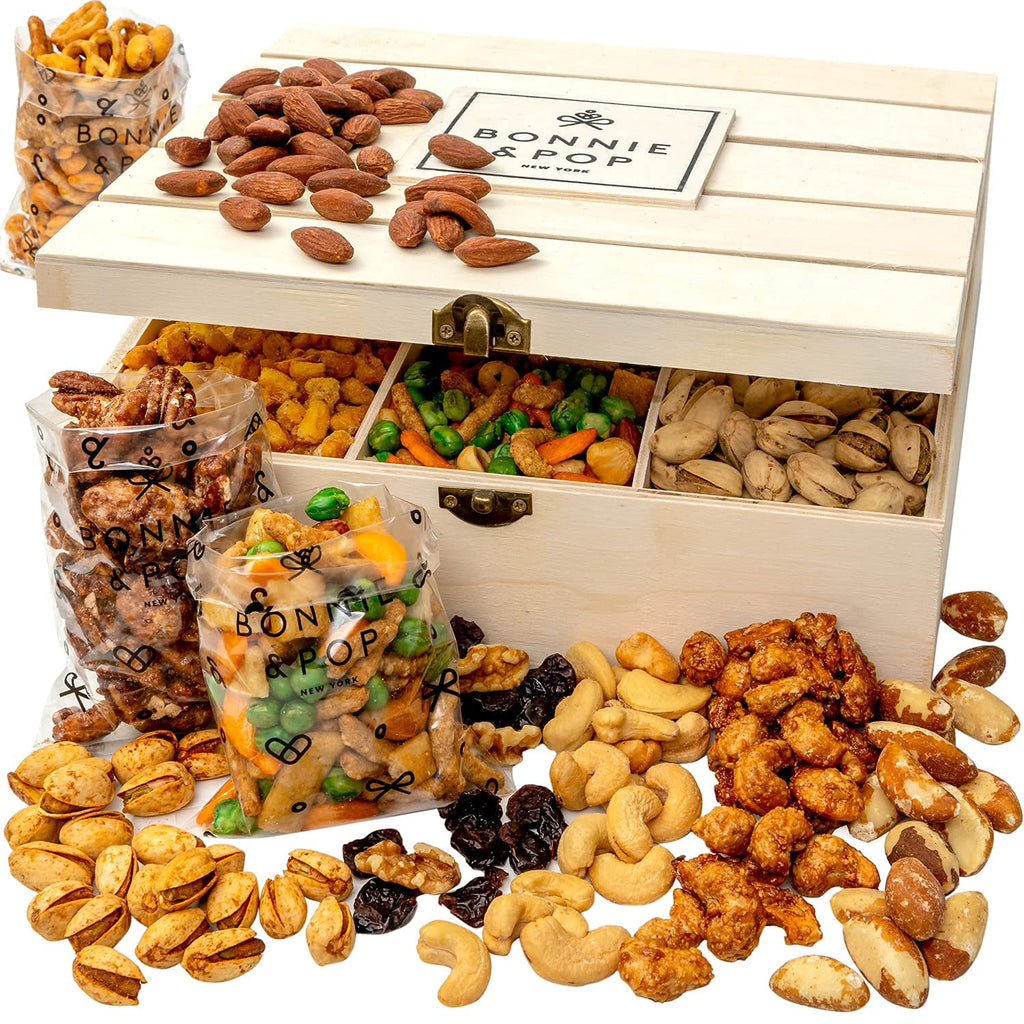 Nut Gift Basket, in Reusable Wooden Crate, Healthy Fathers Day Gift Option, Gourmet Snack Food Box, with Unique Flavors, Great for Feel Better, Sympathy & Birthday- Bonnie & Pop
