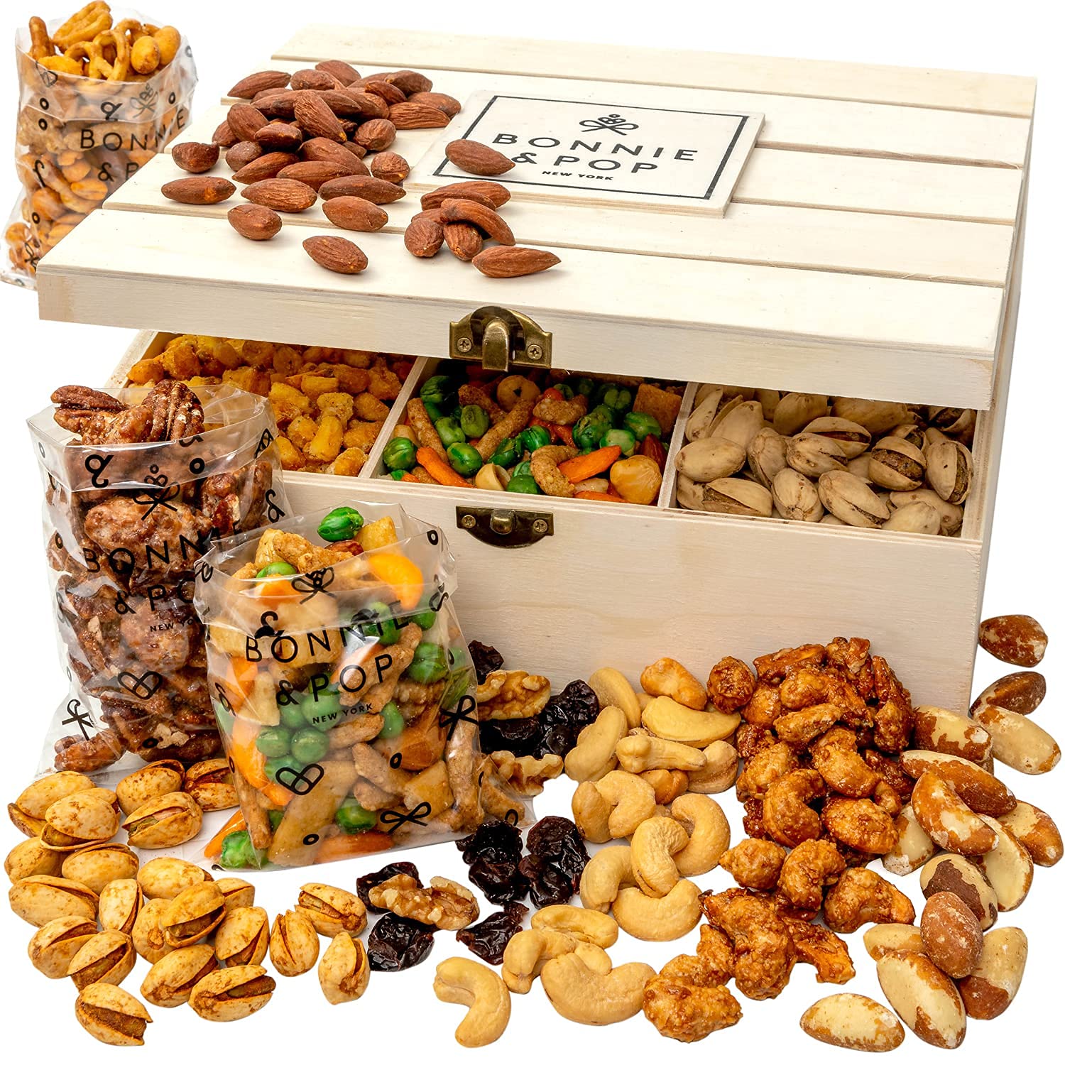 Nut Gift Basket, in Reusable Wooden Crate, Healthy Fathers Day Gift Option, Gourmet Snack Food Box, with Unique Flavors, Great for Feel Better, Sympathy & Birthday- Bonnie & Pop