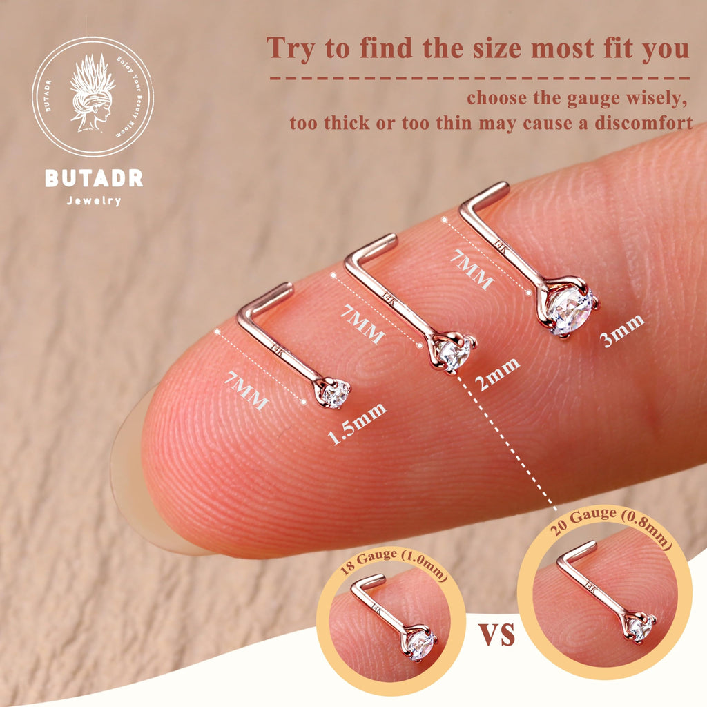 14K Real Gold Nose Studs, 18G 20G Solid Gold L Shaped Nose Rings, Simulated Diamond CZ Hypoallergenic Nose Piercings for Women Men 1.5 2 3MM
