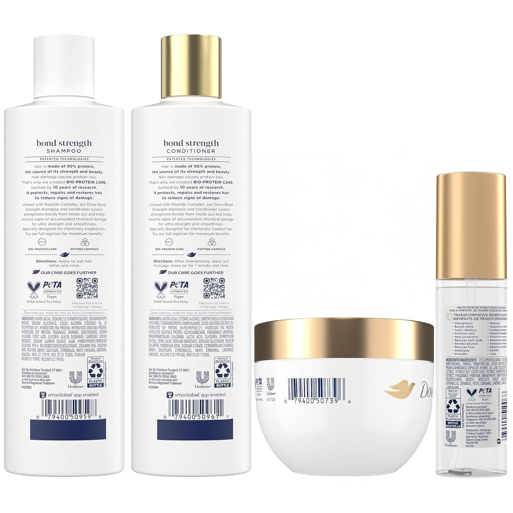Dove Bond Strength, Damage Therapy System – Shampoo, Conditioner, 10-in-1 Shield Serum & Peptide Mask, Hair Repair Treatment, Anti-Frizz (4 Piece Set)