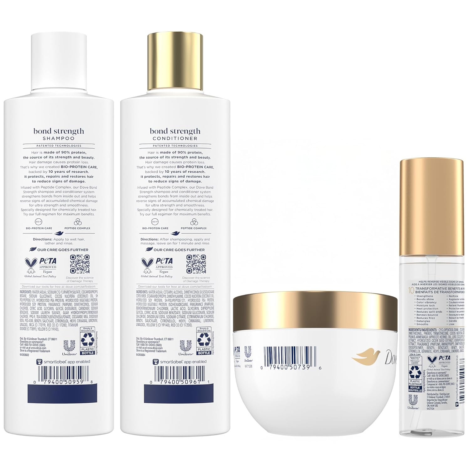 Dove Bond Strength, Damage Therapy System – Shampoo, Conditioner, 10-in-1 Shield Serum & Peptide Mask, Hair Repair Treatment, Anti-Frizz (4 Piece Set)