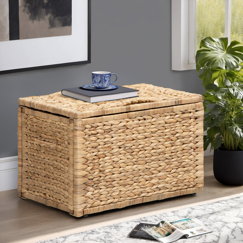 eHemco Heavy-duty Water Hyacinth Wicker Storage Trunk with Metal Frame, 30 by 17.5 by 17.5 Inches, Brown Wash