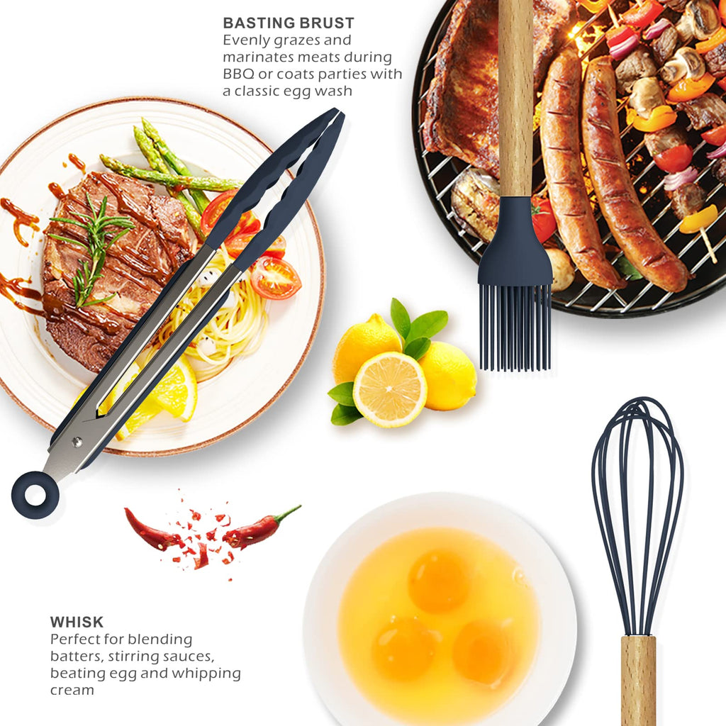 oannao Silicone Cooking Utensils Set - 446°F Heat Resistant Silicone Kitchen Utensils for Cooking,Kitchen Utensil Spatula Set w Wooden Handles, BPA FREE Gadgets for Non-Stick Cookware (Black)