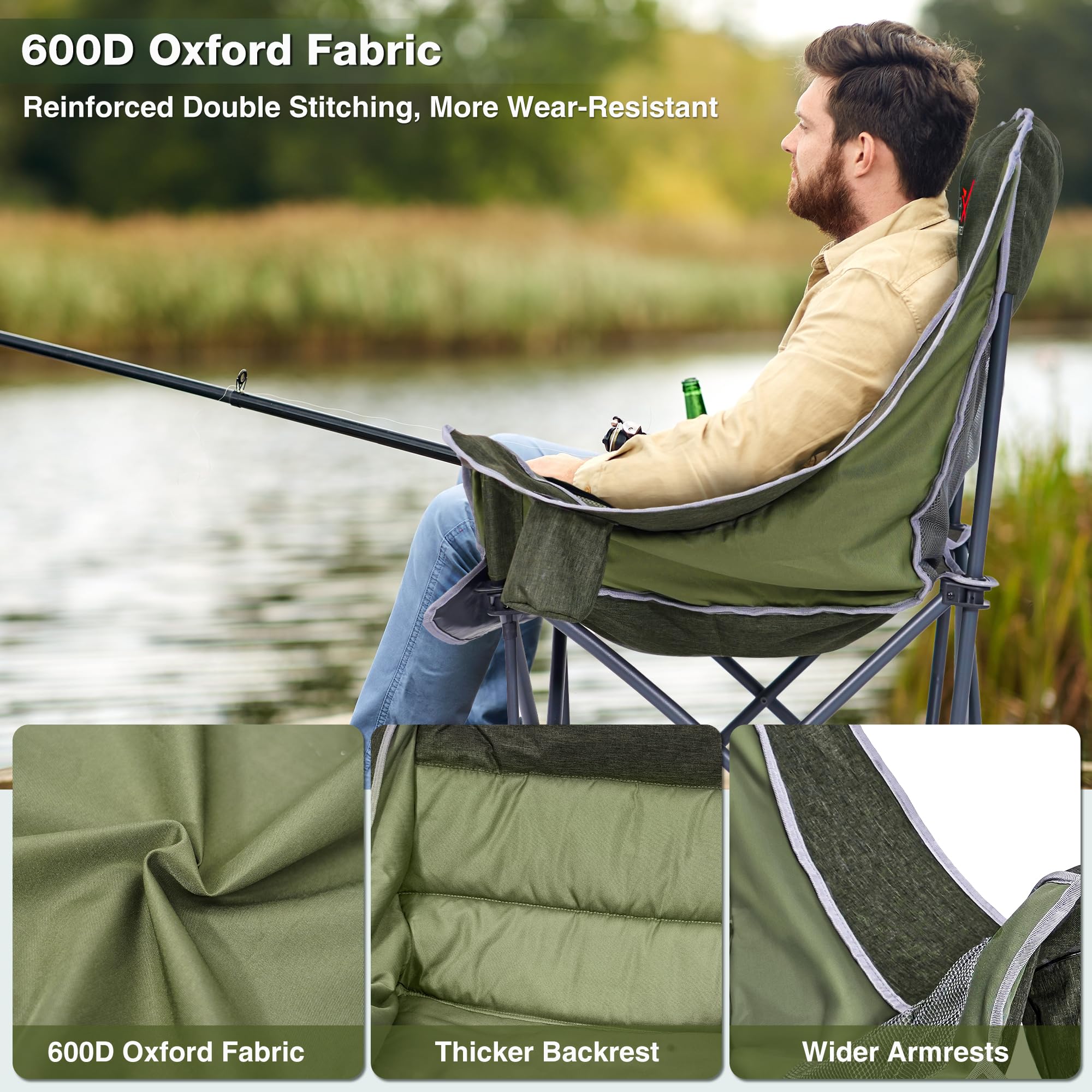Double Camping Chair Heavy Duty Oversized Padded Loveseat for Adults 2 Person Outdoor Portable Camping Chairs for Lawn, Backyard, Fishing, Trip, Support 600lbs, Grey