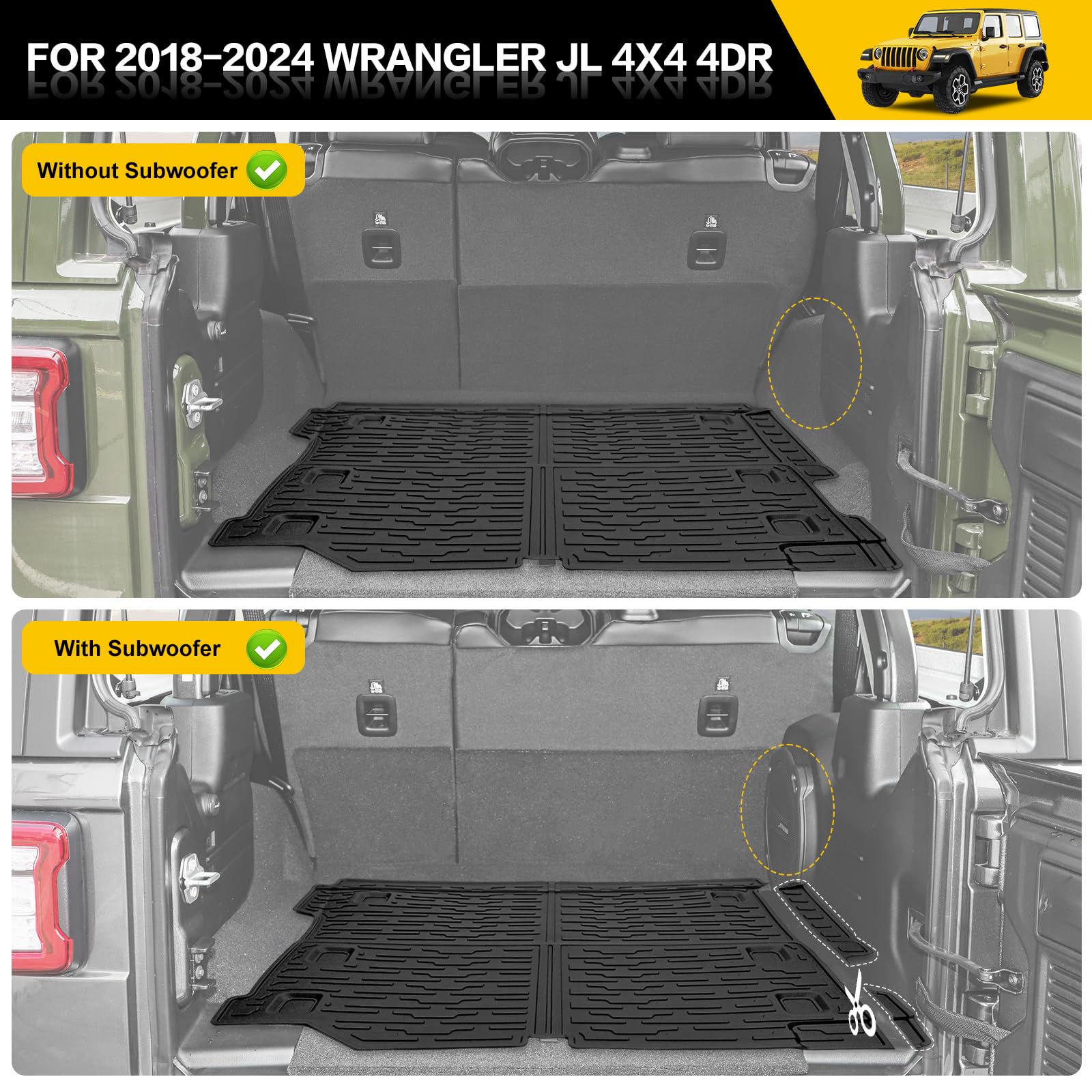 Cargo Mats for 2018-2025 Jeep Wrangler JL Unlimited 4X4 Trunk Mat with Backrest Liner, All Weather TPE Protector Rear Back Seat Mats for 18-25 Wrangler JL 4X4 4 Door Accessories