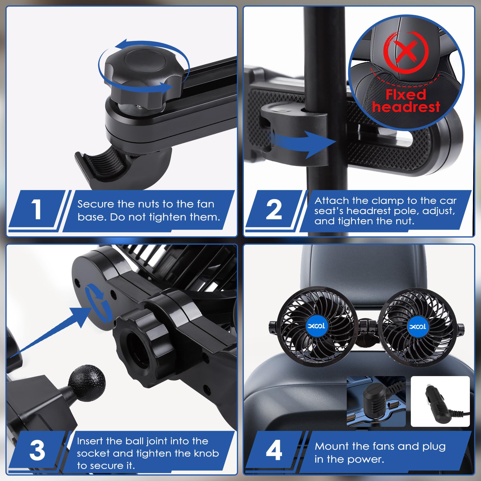 XOOL Clip Car Fan, 9 Inches 12V/24V Fan, 360° Rotatable Electric Cooling Clip on Fan with Stepless Speed Regulation for SUV, RV, Truck