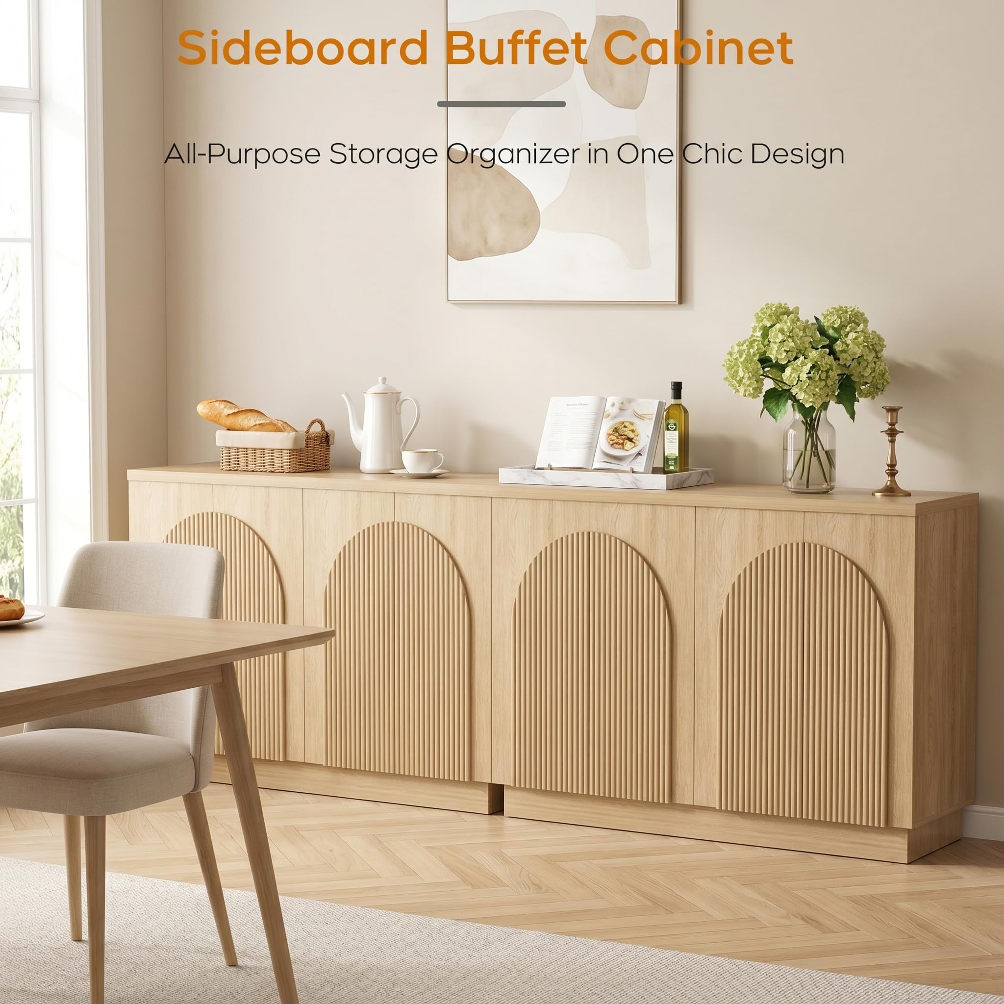 Yechen 55" Fluted Sideboard Buffet Cabinet with Storage, Wood Mid Century Modern Credenza Cabinet w/Arched Reeded Doors & Adjustable Shelves for Kitchen, Living Room, Entryway