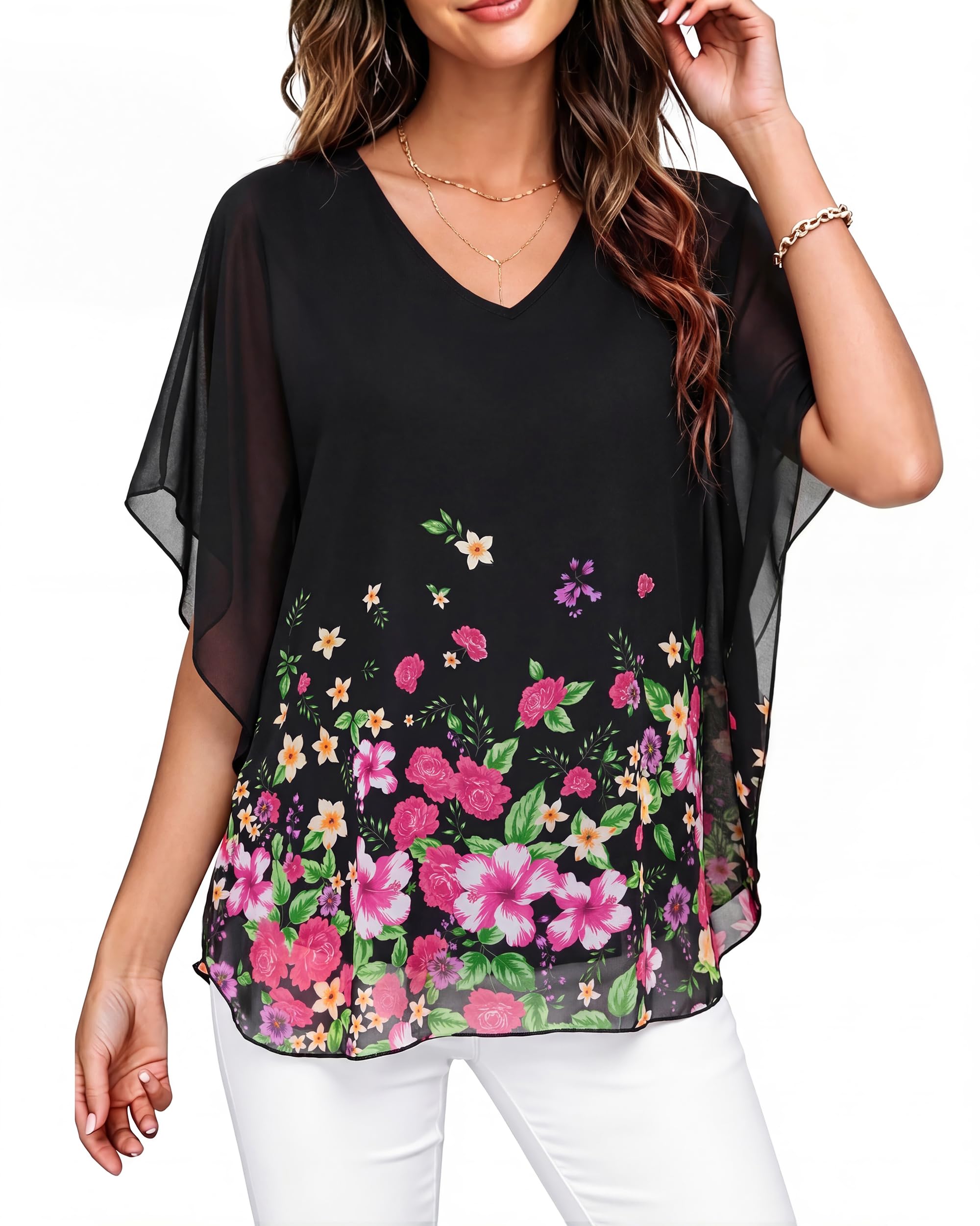 Lotusmile Women's Loose Flouncing Flutter Sleeve Double-Layered Shirt Chiffon Elegant Dressy Blouse Work Tops