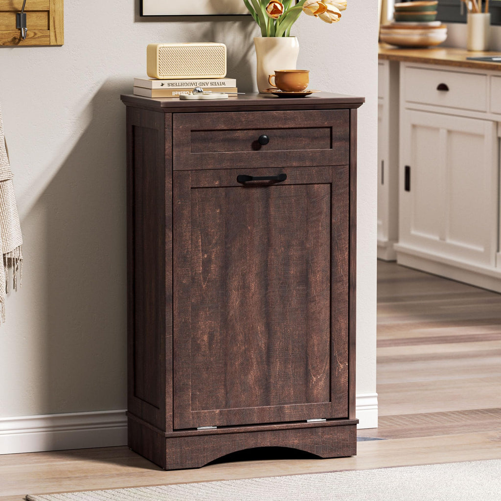 AHB Double Tilt Out Trash Can Cabinet Freestanding Kitchen Trash Can, 2x13 Gallons Hidden Garbage Recycling Cabinet with Hideaway Drawers Pet Proof Trash Can Holder for Kitchen, Antique White