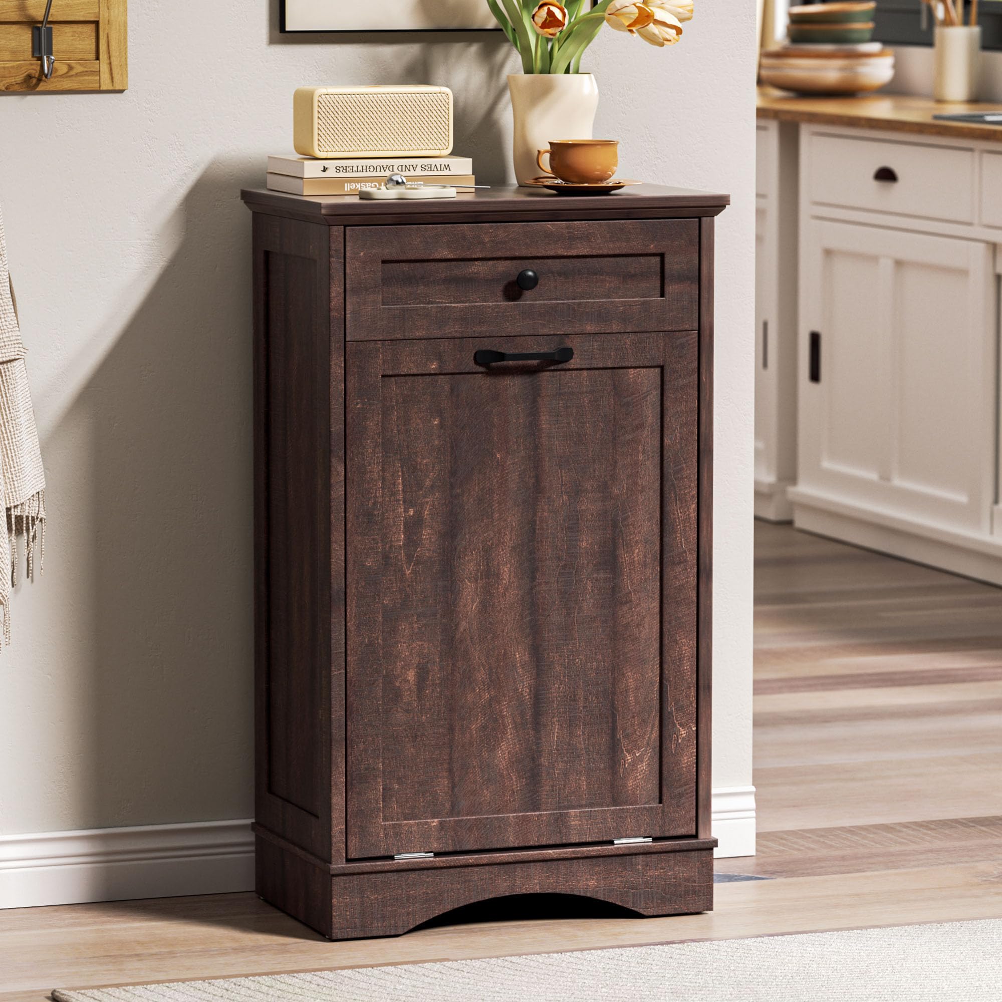 AHB Double Tilt Out Trash Can Cabinet Freestanding Kitchen Trash Can, 2x13 Gallons Hidden Garbage Recycling Cabinet with Hideaway Drawers Pet Proof Trash Can Holder for Kitchen, Antique White