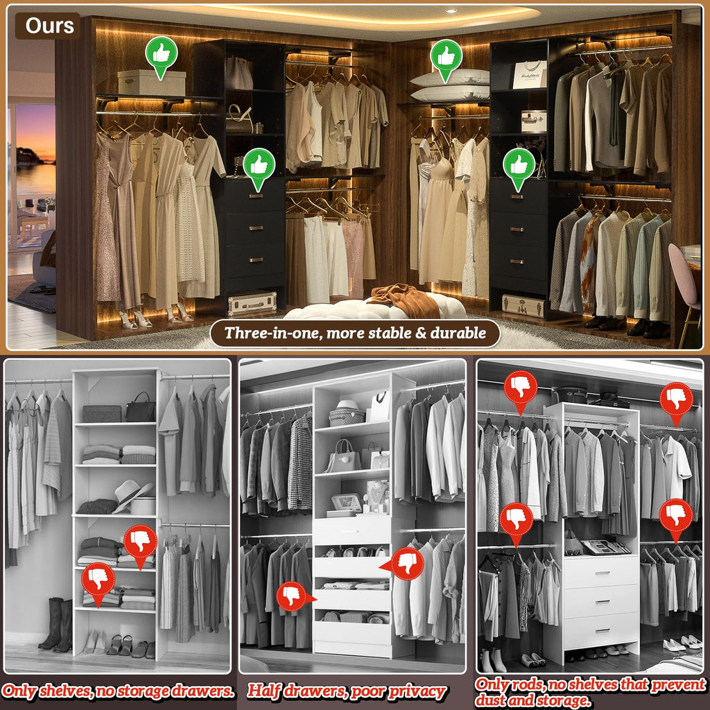 iSunirm 8FT Closet System, 96'' Closet Organizer System with 3 Hanging Rods, Wall Mount Bedroom Wardrobe with 3 Drawers Walk-in Closet, Adjustable Cloth Garment Rack from 5 to 8FT (Cut to Fit), Black