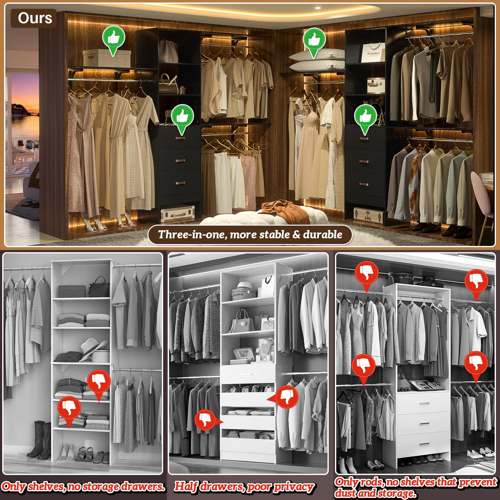 iSunirm 8FT Closet System, 96'' Closet Organizer System with 3 Hanging Rods, Wall Mount Bedroom Wardrobe with 3 Drawers Walk-in Closet, Adjustable Cloth Garment Rack from 5 to 8FT (Cut to Fit), Black