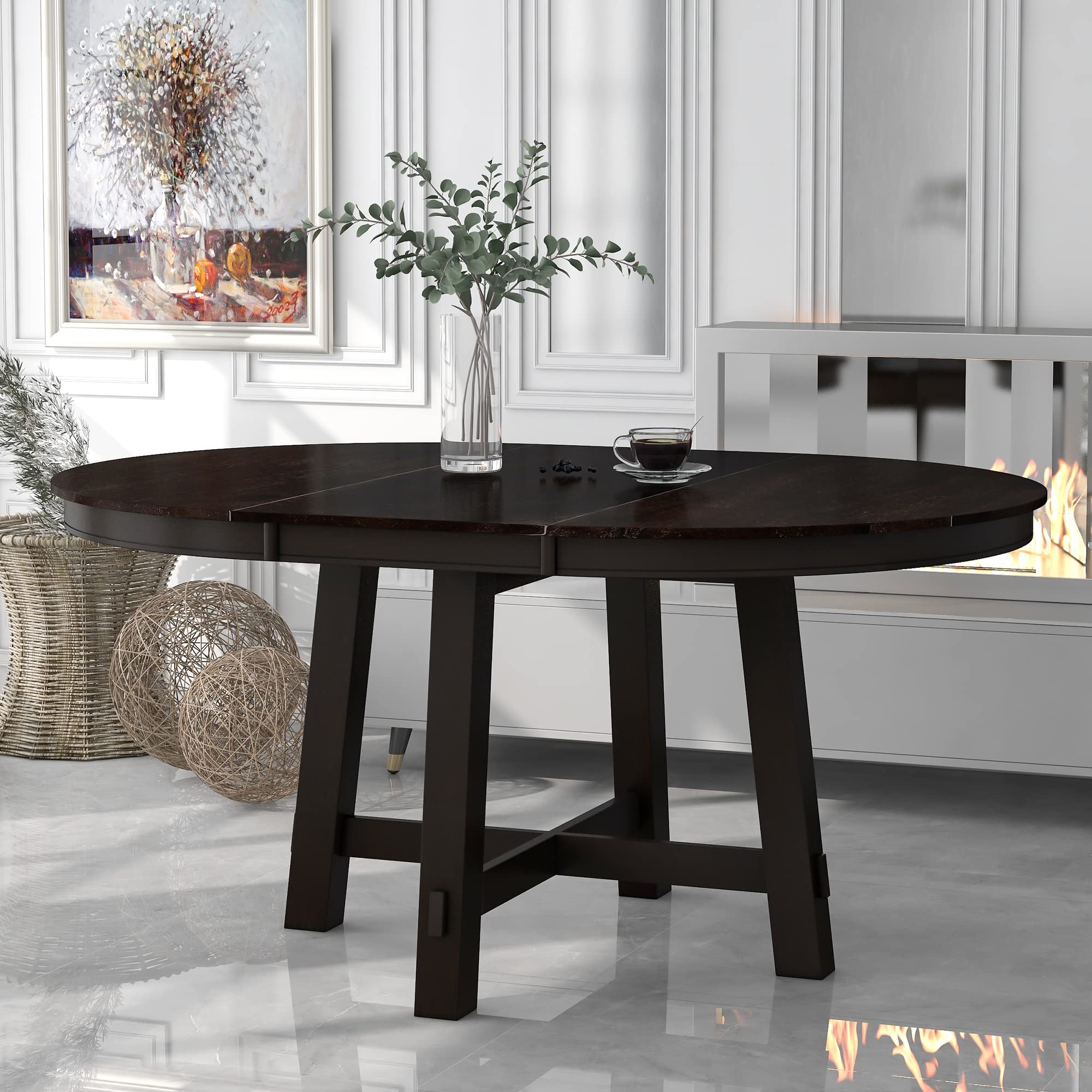 LUMISOL Round Dining Table for 4-6 People, 41"-57" Extendable Kitchen Table with 16" Removable Leaf for Small Places, Kitchen, Dining Room, Espresso