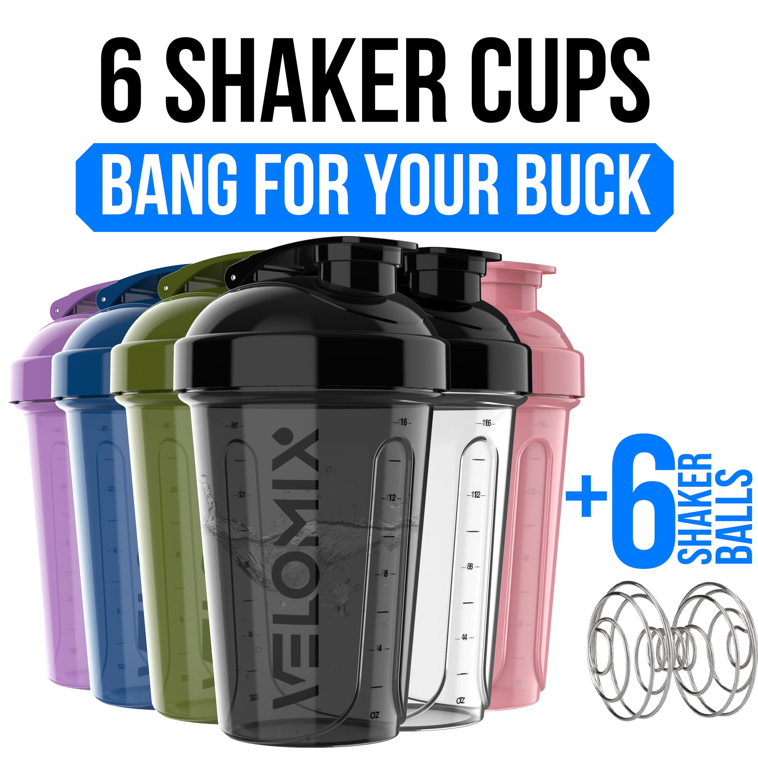 VELOMIX -6 PACK- 20 oz Protein Shaker Bottle for Protein Mixes - 6x Wire Whisk | Leak Proof Shaker Cups for Protein Shakes| Stackable Protein Shaker Bottle Pack | Dishwasher Safe (ALL IN BLACK)