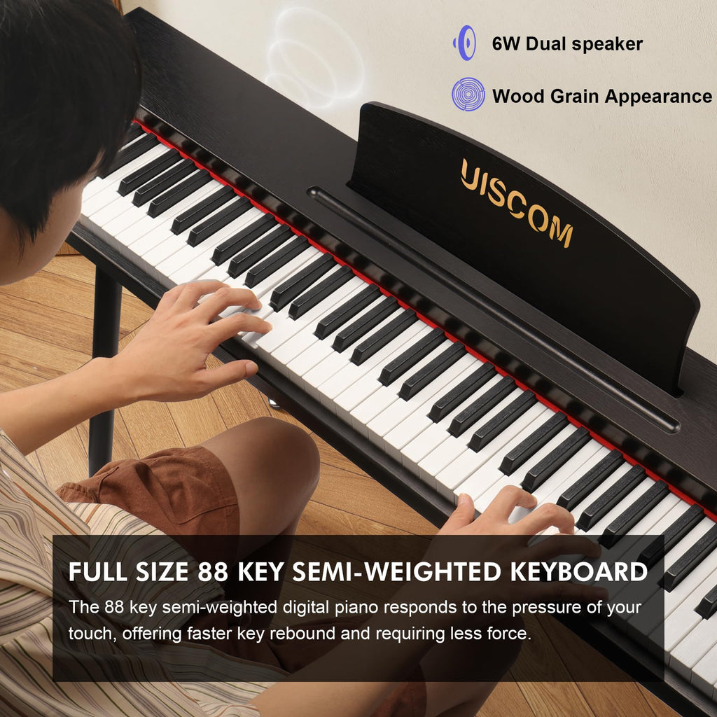 UISCOM Digital Piano Keyboard for Beginners, Full Size 88 Key Semi-Weighted Keyboard Electric Piano with Stand,Power Adapter,Sheet Music Stand,Pedal,Headphone,USB-MIDI Compatible,Wood Grain Apricot