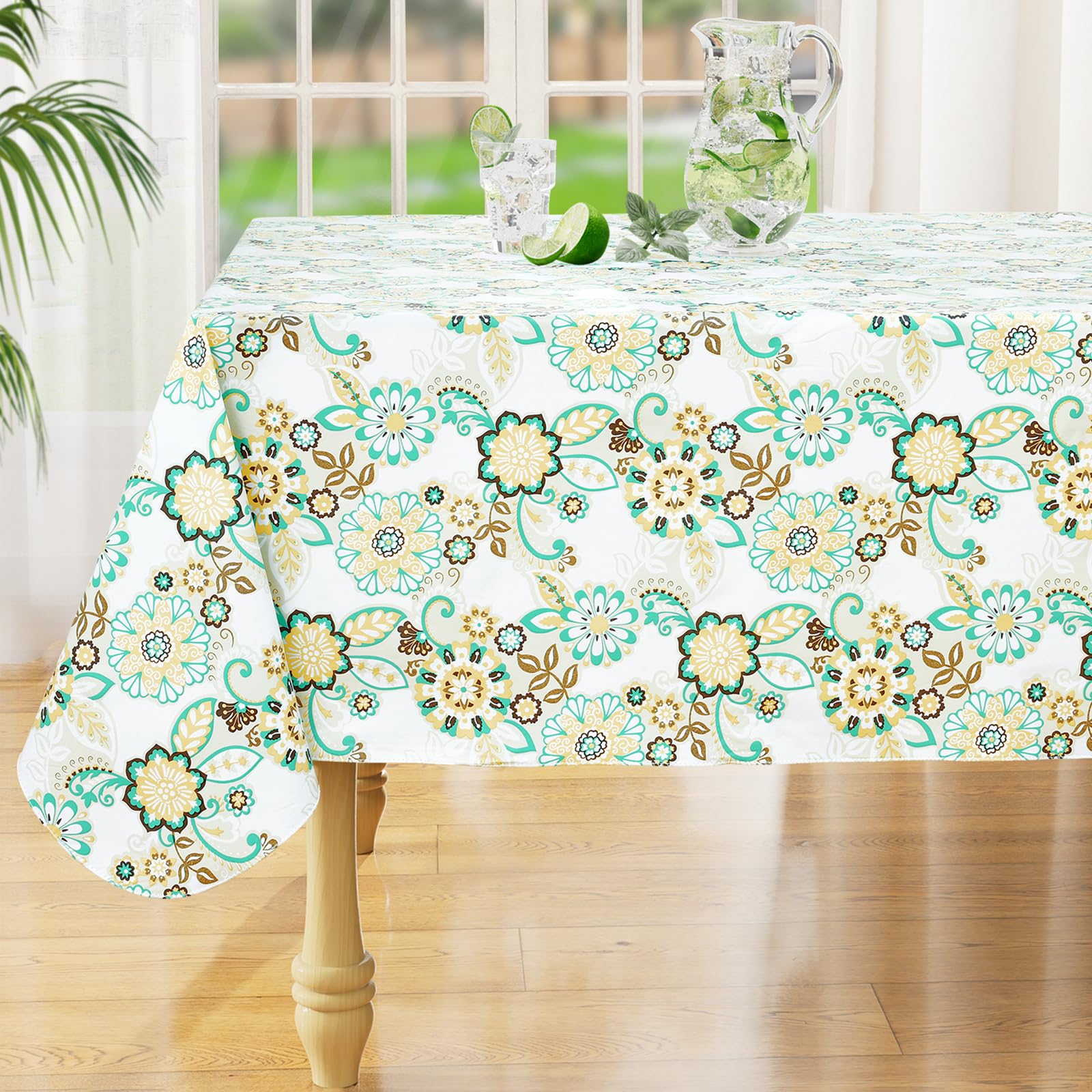 misaya Square Waterproof Vinyl Table Cloth, Wipeable Tablecloth with Flannel Backing, Plastic Table Cover for Dinner, Picnic, Indoor and Outdoor (Blue Leaves, 54" x 54")